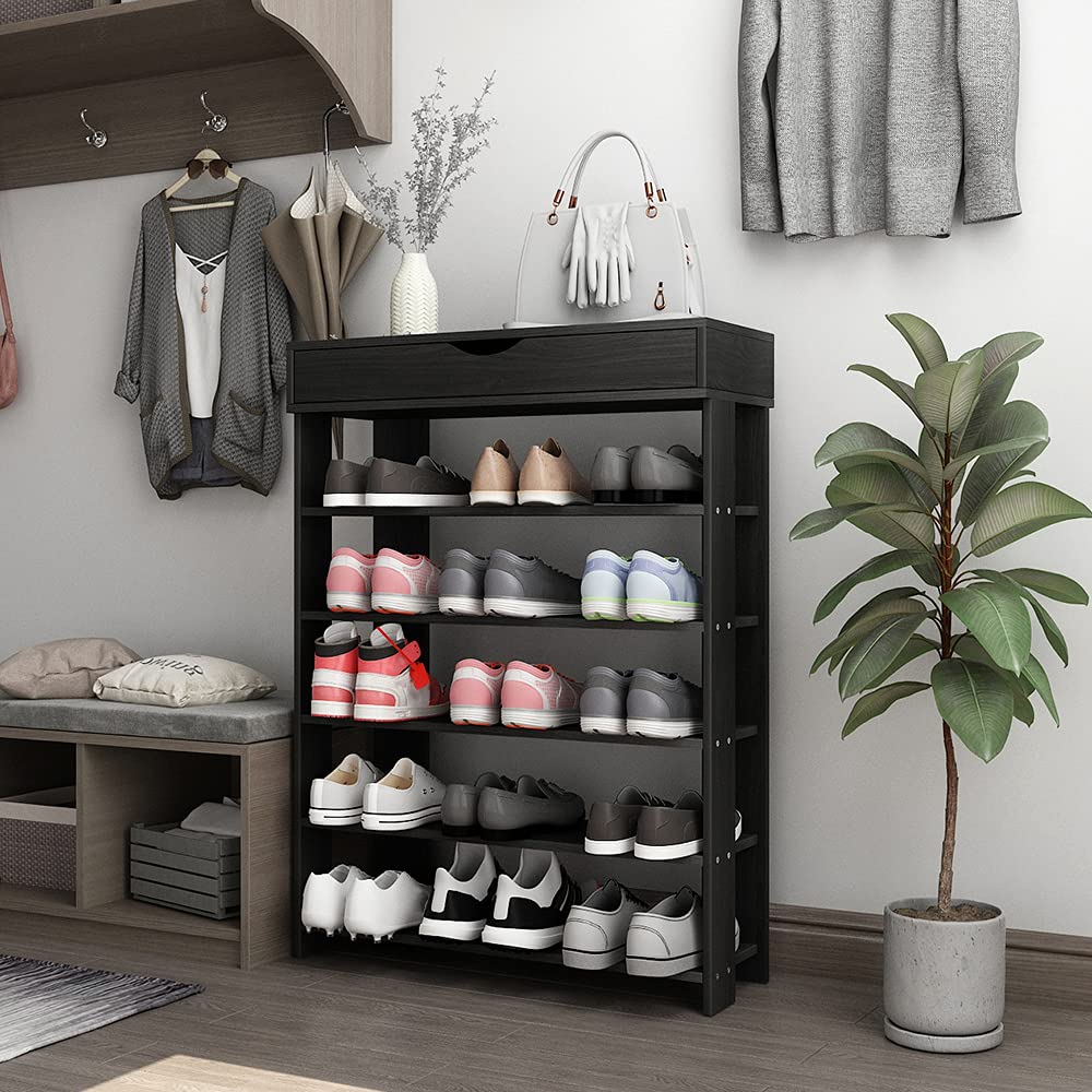 DlandHome 5-Tier Wooden Shoe Rack Storage Cabinet - Organizer for Shoes, Heels & Sneakers - Entryway, Hallway, Closet or Living Room Storage Solution - Perfect for Small Spaces & Home Organization (Black)