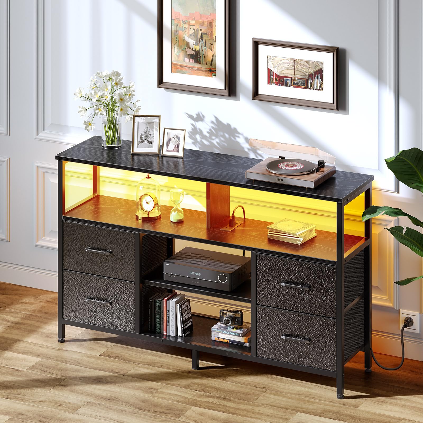 Rolanstar TV Stand with Power Outlets, LED Lights & Storage for 32-65