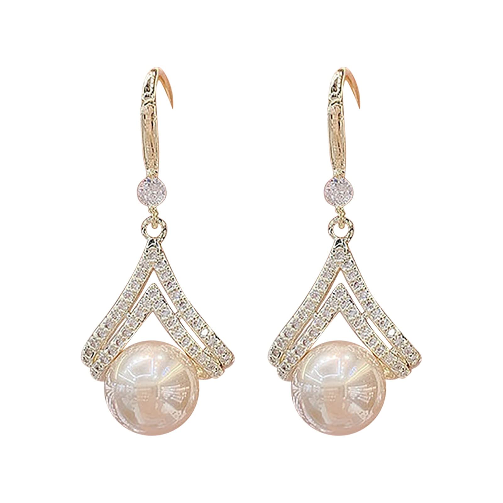 Rose Gold Pearl & Zircon Dangling Drop Earrings for Women - Elegant Wedding, Party & Everyday Jewelry - Golden Hoop Pearl Earrings for Bridal, Anniversary & Special Occasions