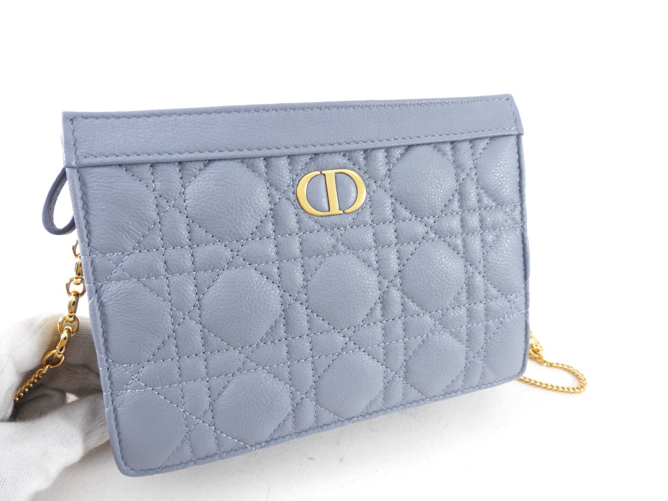 Christian Dior Cloud Blue Quilted Leather Caro Bag with Chain - Luxury Crossbody Pouch for Women, Perfect for Evening Parties & Date Nights