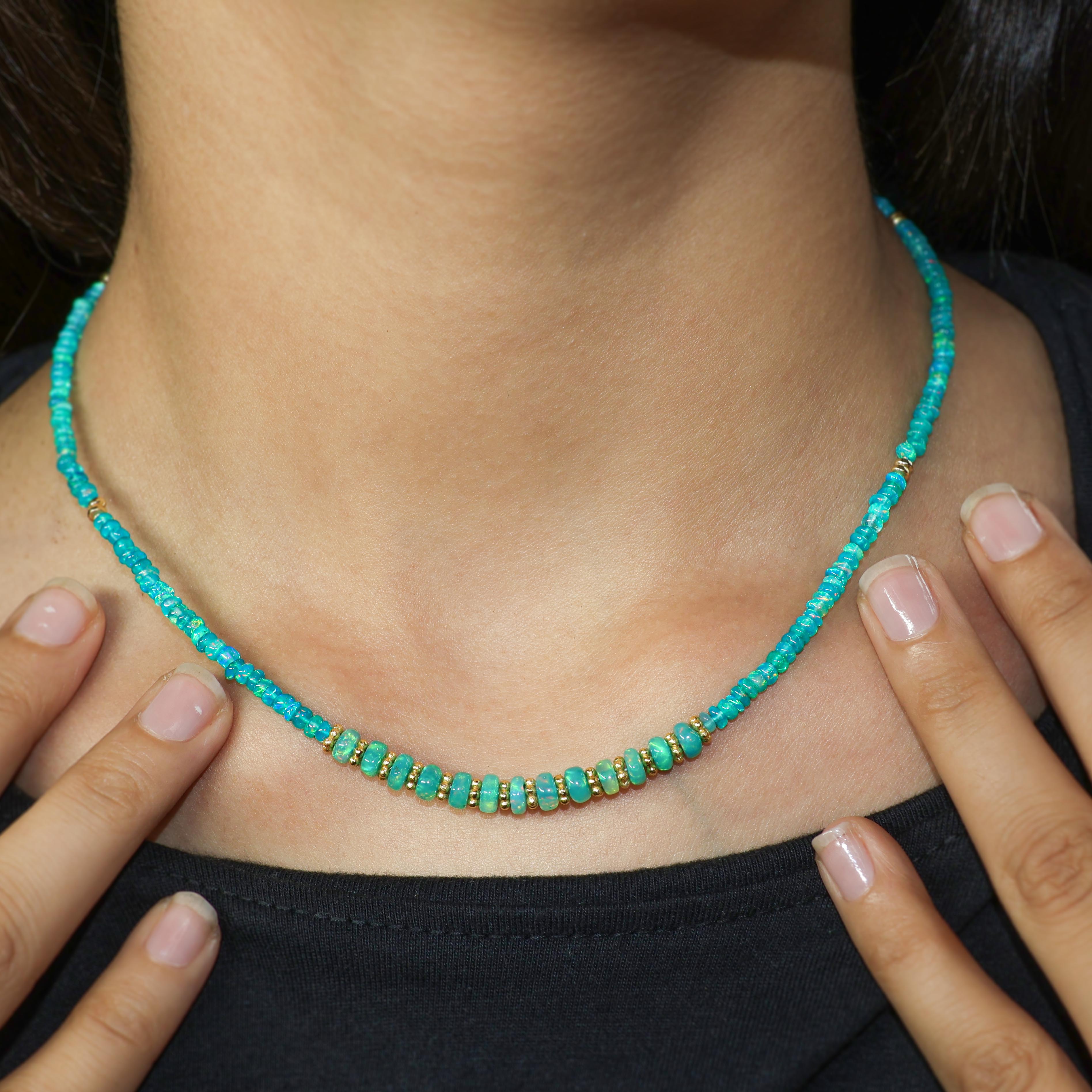 Green Opal Rondelle Beaded Necklace - Paraiba Opal Bead Necklace 16-24 Inch Adjustable Length for Women, Boho Jewelry Gift for Wedding & Special Occasions