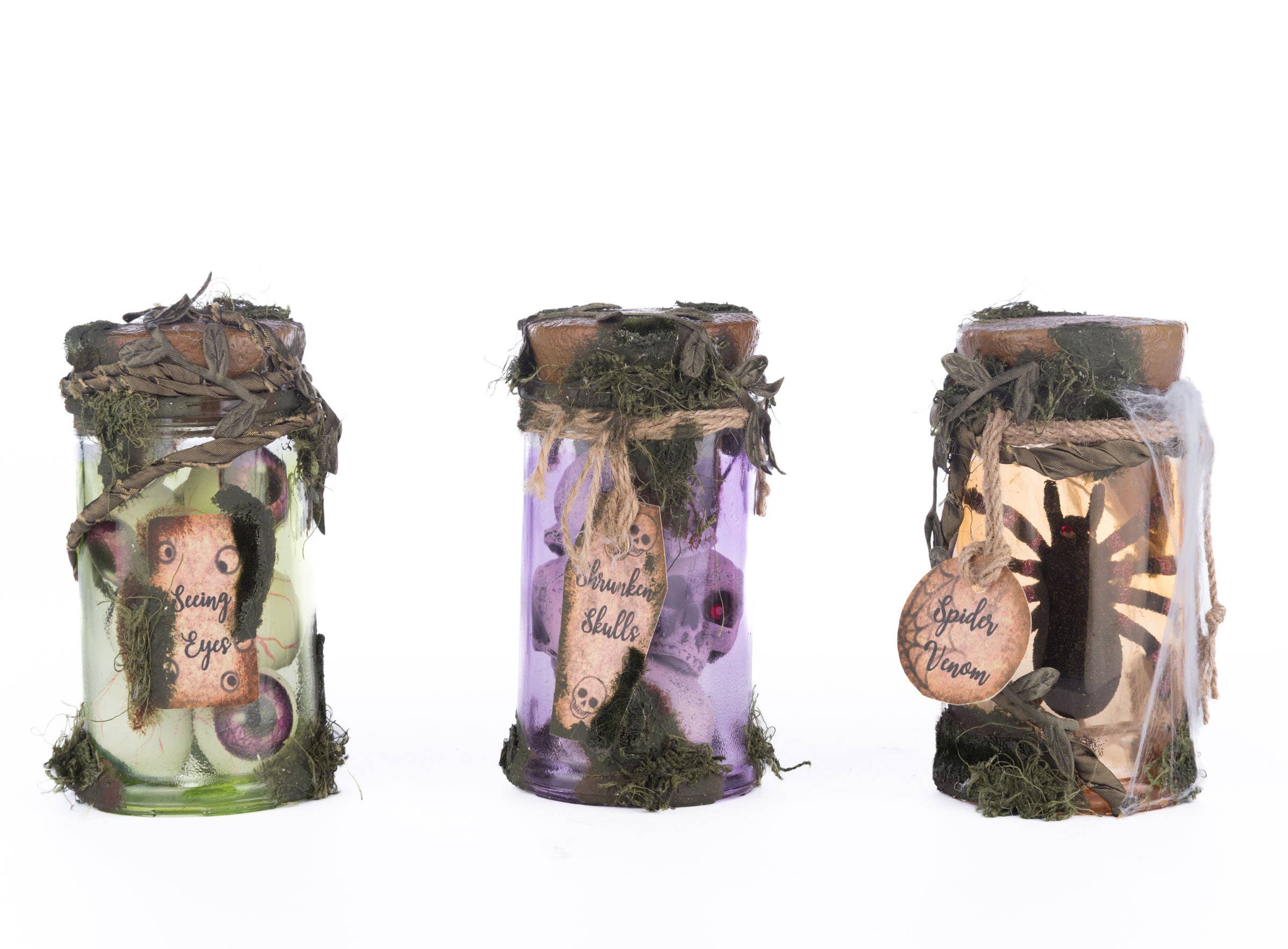 Broomstick Acres Potion Jars Set of 3 - Witchcraft Supplies, Halloween Decor, DIY Potion Bottles for Spooky Party & Home Decor