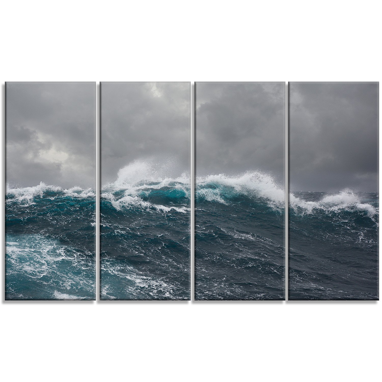 Roaring Waves Under Cloudy Sky - Seascape Metal Wall Art Decor for Living Room, Bedroom, Office - 4 Panel Modern Coastal Wall Decor - 48x28 Inches - MT7665