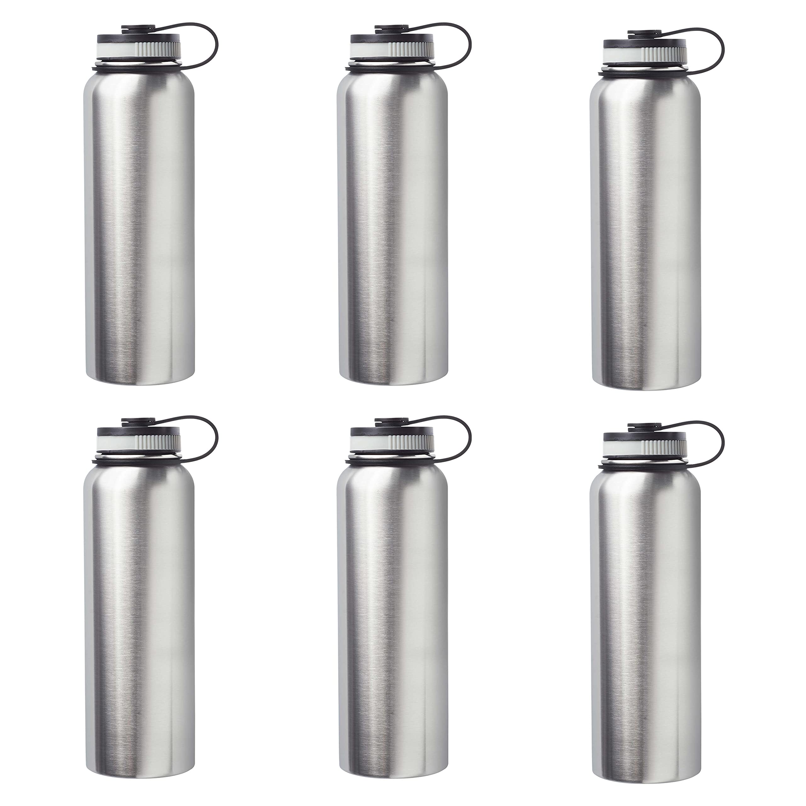 6 Pack 41 oz Stainless Steel Vacuum Insulated Water Bottles - Double Wall Silver Thermal Flask - Perfect for Hiking, Gym & Outdoor Activities