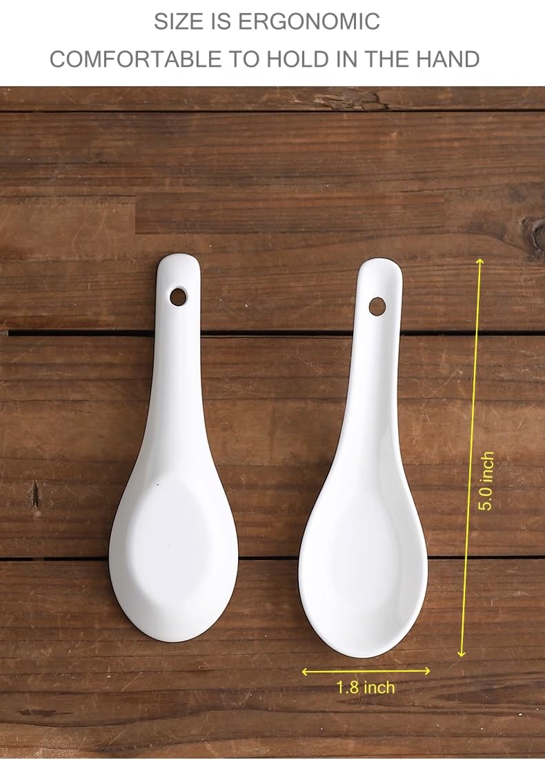 12-Pack 5.0 Inch Asian Soup Spoons - Ceramic Chinese & Japanese Style Soup Spoon Set for Pho, Miso, Wonton, Ramen, Dumplings - Perfect for Asian Noodles, Hot Soups, and Desserts Like Macarons (White)