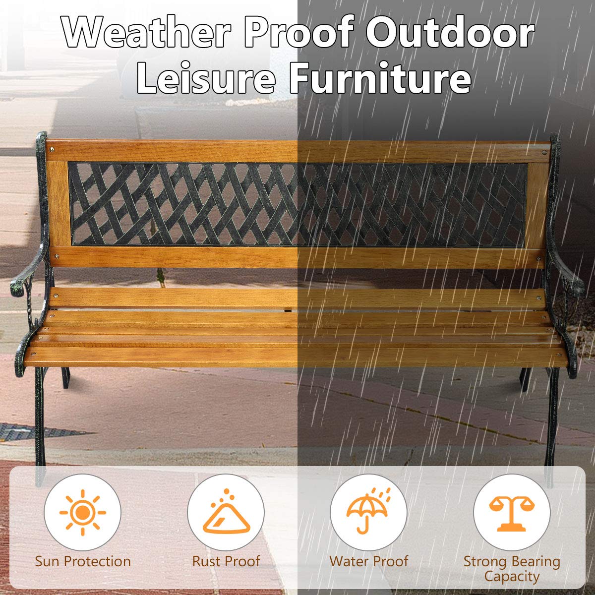 Giantex 50'' Outdoor Patio Bench - Cast Iron Hardwood Frame Weatherproof Loveseat for 2 Persons - Perfect for Porch, Garden, Backyard & Poolside Relaxation