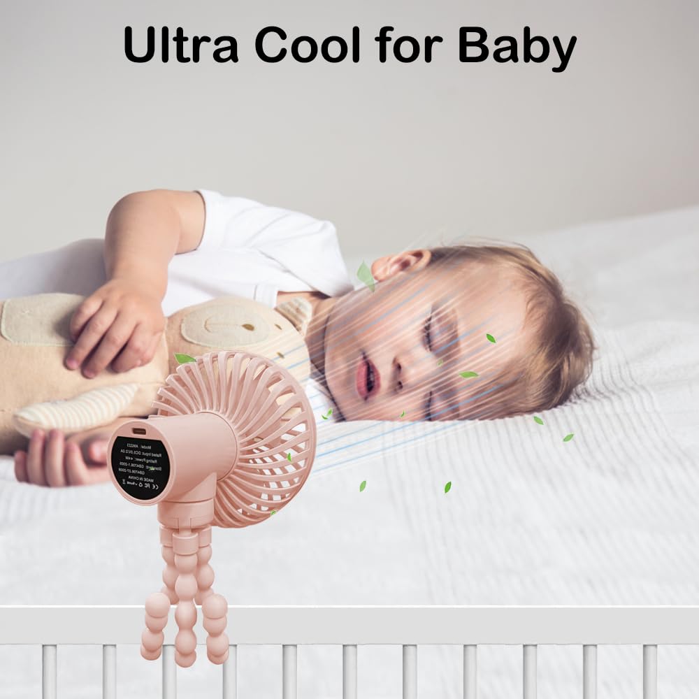 Portable Clip-on Stroller Fan with 3000mAh Battery - 3 Speed Adjustable, 4-12 Hours Runtime - Flexible Tripod for Baby Crib, Desk, Bike, Treadmill & Travel - Perfect for Outdoor Activities, Camping & Car Seats (Pink)