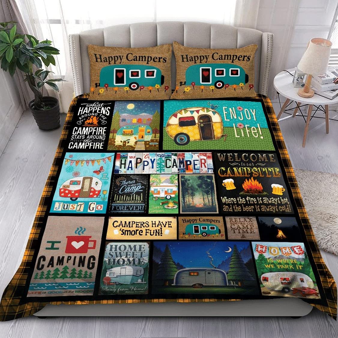 SATIGI Happy Camper Enjoy Life Camping Bedding Set - Microfiber Comforter Cover with Digital Print - King, Queen, Twin & Full Size - Cozy Home & Bedroom Decor - Perfect for Camping Trips, Guest Rooms & Dorm Essentials
