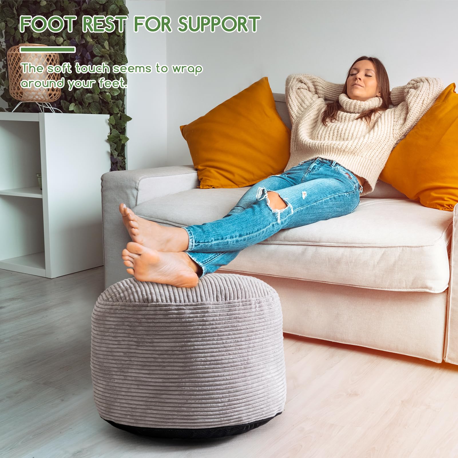 MAXYOYO Round Stuffed Pouf Ottoman - Corduroy Foam-Filled Footrest, 20 x 15 Inches, Grey | Perfect for Living Room, Bedroom & Nursery Decor