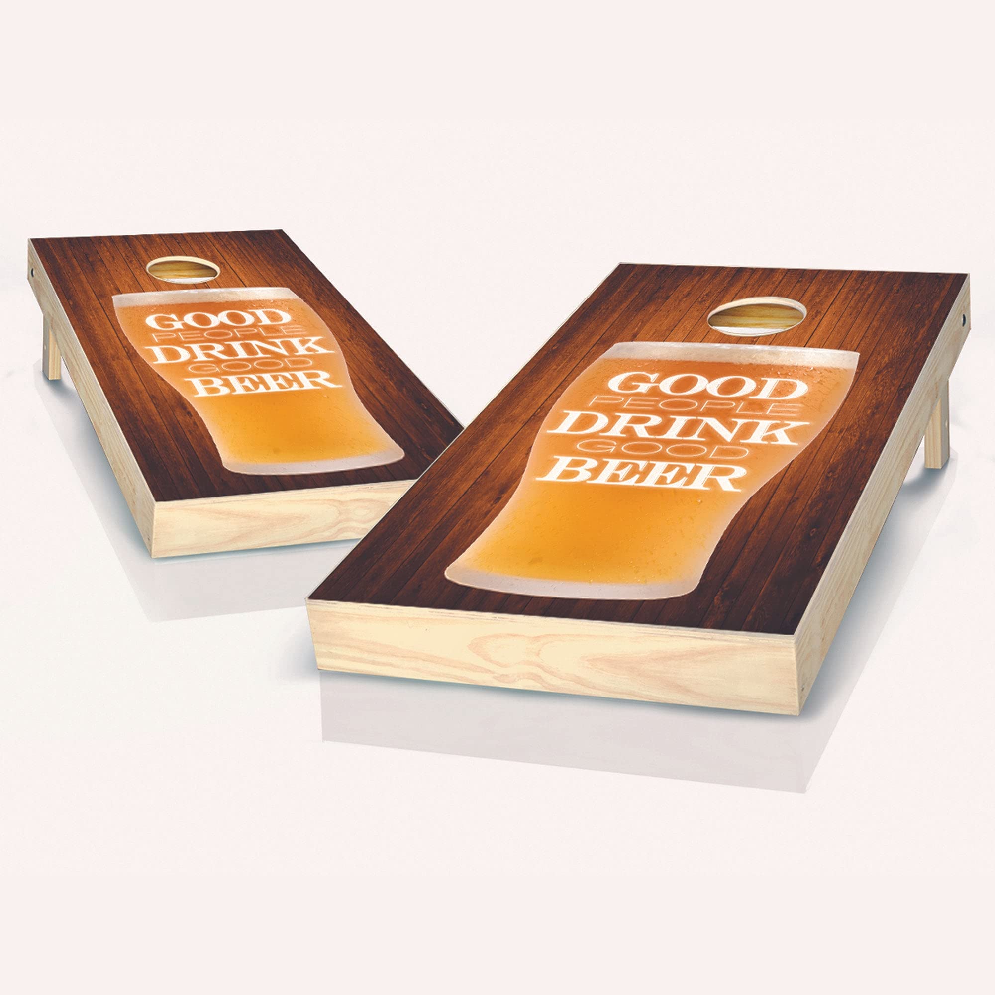 Premium Cornhole Game Set with 2 Boards & 8 Bags - Skip's Garage Good People Good Beer Edition - Customizable Bags & Accessories - Perfect for Backyard Parties, Tailgating & Outdoor Games