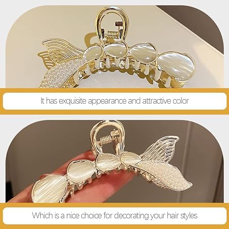 RUBELA Large Hair Clips for Women - Elegant Pearl Mermaid Tail Hair Claw Clips, Hair Ornaments & Accessories for Girls (Set of 3) | Perfect for Parties, Weddings & Everyday Styling