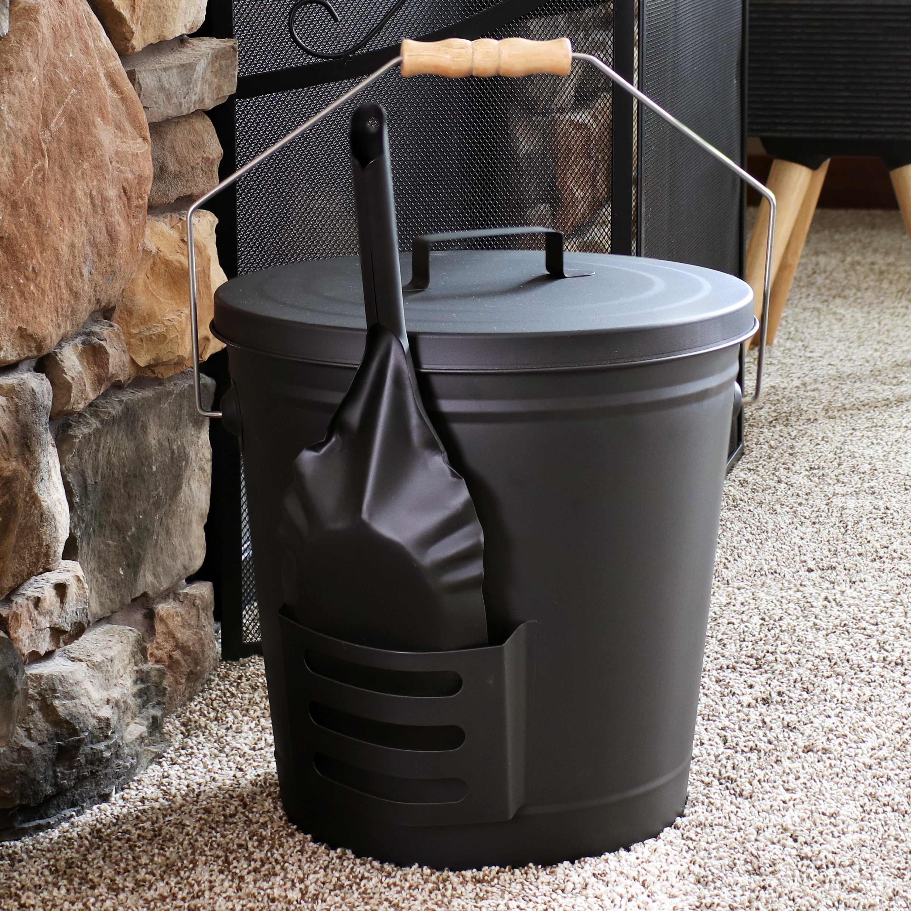 Sunnydaze 5 Gallon Fireplace Ash Bucket with Lid, Shovel & Brush - Heavy Duty Metal Ash Can for Fire Pit, Wood Stove & BBQ Cleanup - Outdoor & Indoor Use
