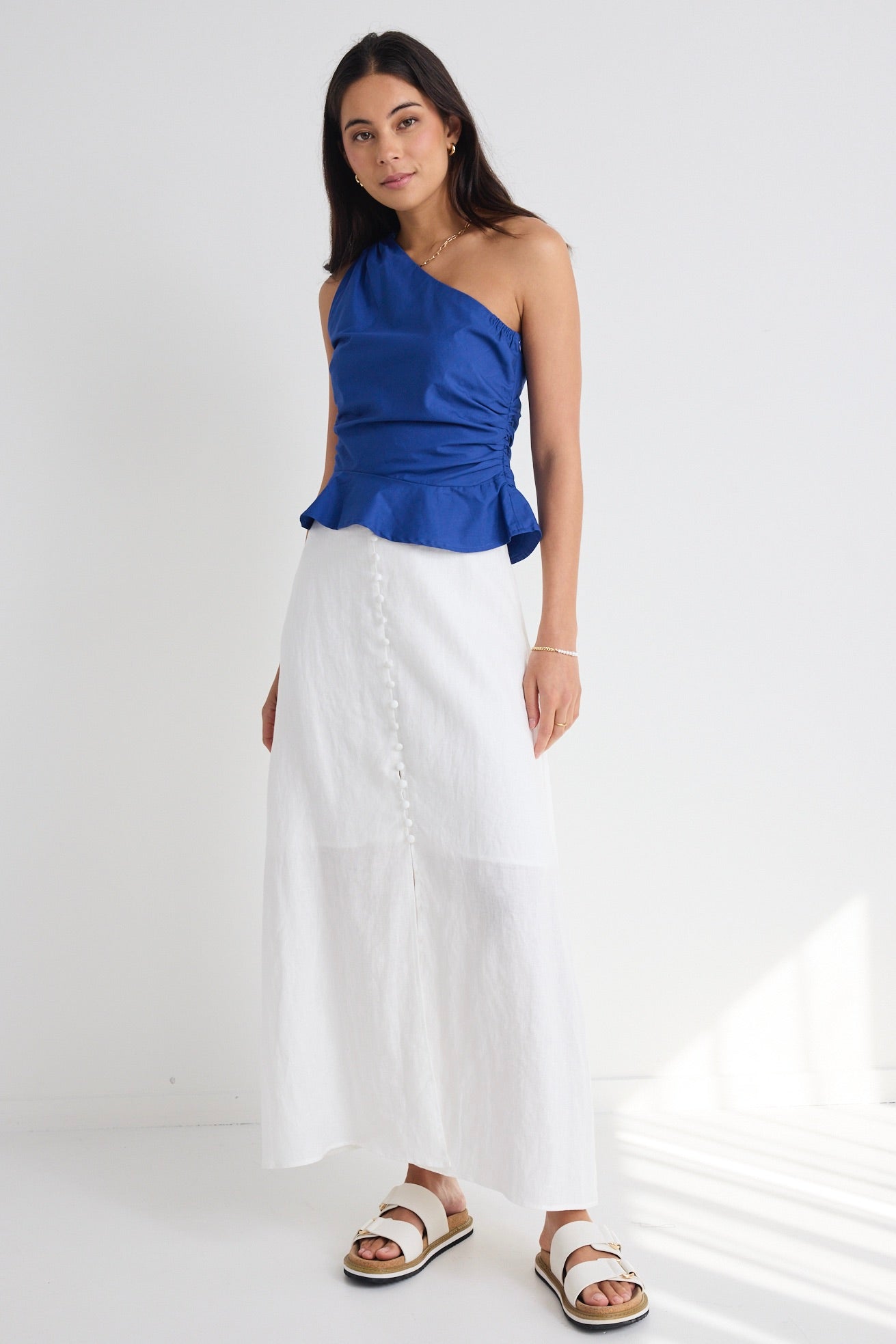 Elegant White Linen A-Line Skirt with Button Front - Women's Summer Casual Midi Skirt for Beach, Office & Date Night