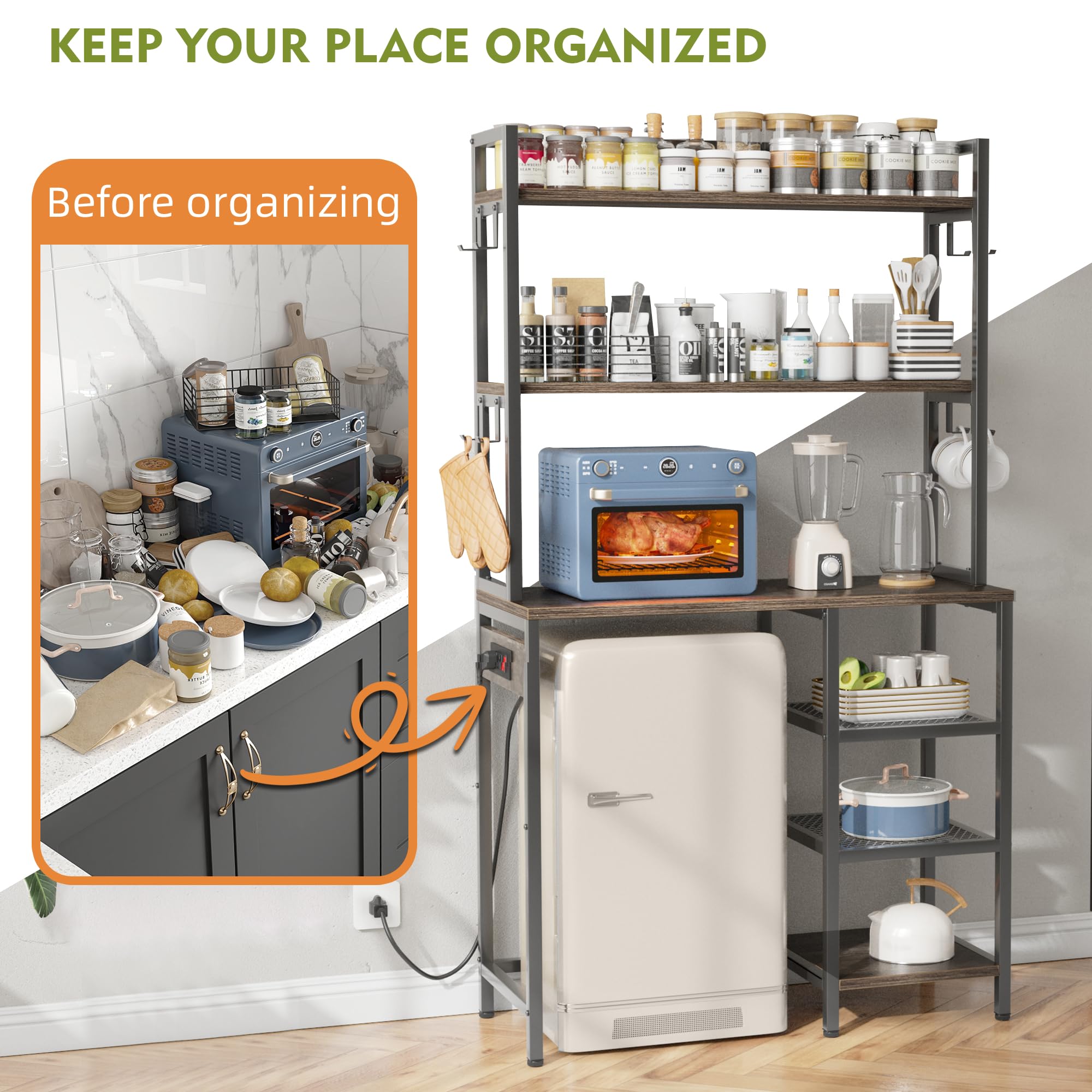 EnHomee Bakers Rack with Storage Cabinet - Coffee Bar Cabinet with Power Outlet, Microwave Stand & Kitchen Storage - Space Saving, Easy Assembly for Small Kitchens, Dining Rooms & Home Cafes