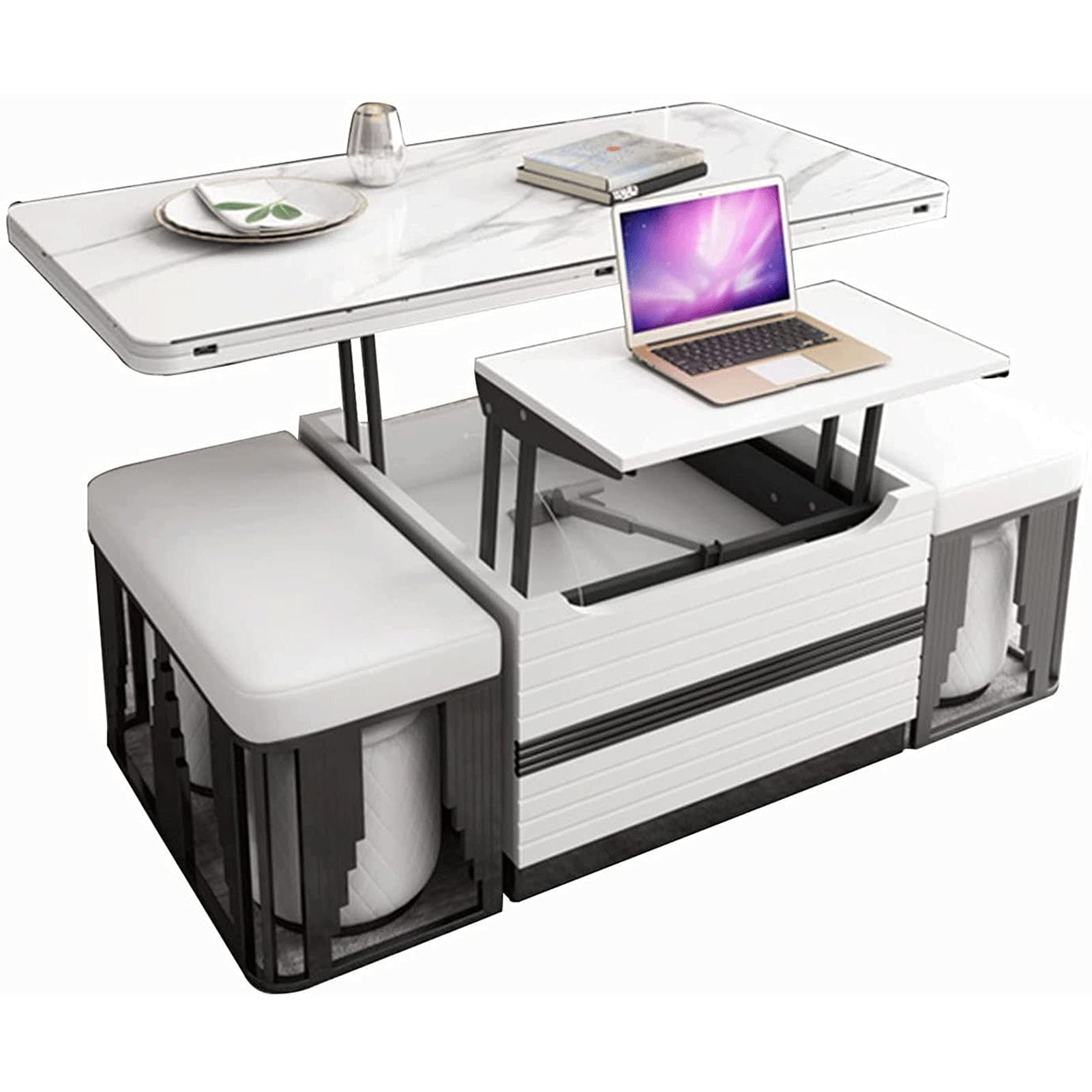 NesRabbit Multifunctional Lift Top Coffee Table - Electric Adjustable Height Folding Desk with USB Charging & Hidden Stool - Perfect for Home Office, Living Room & Small Space Dining