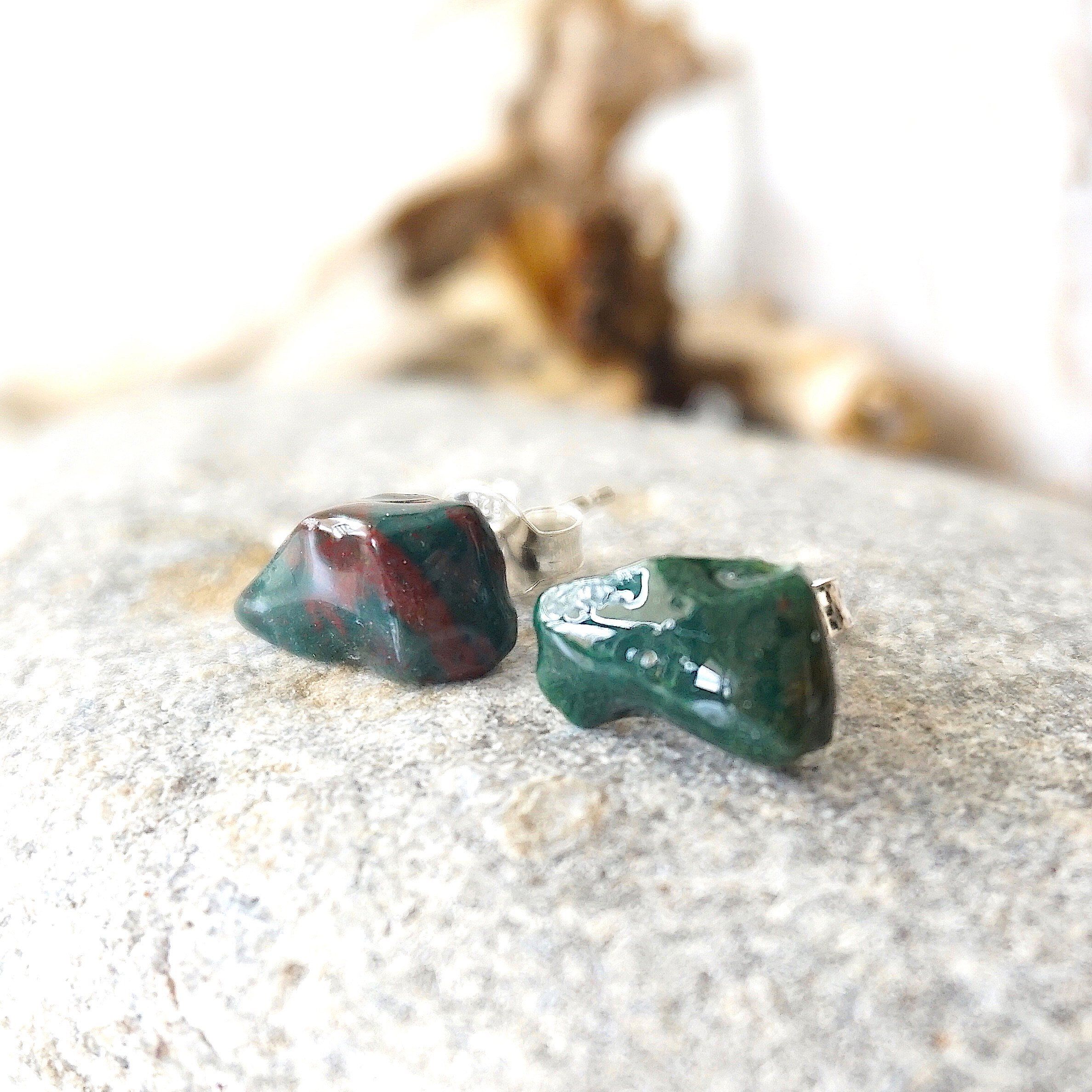 Natural Bloodstone Stud Earrings for Women - Hypoallergenic Post Earrings for Everyday Wear, Healing Crystal Jewelry for Positive Energy & Protection