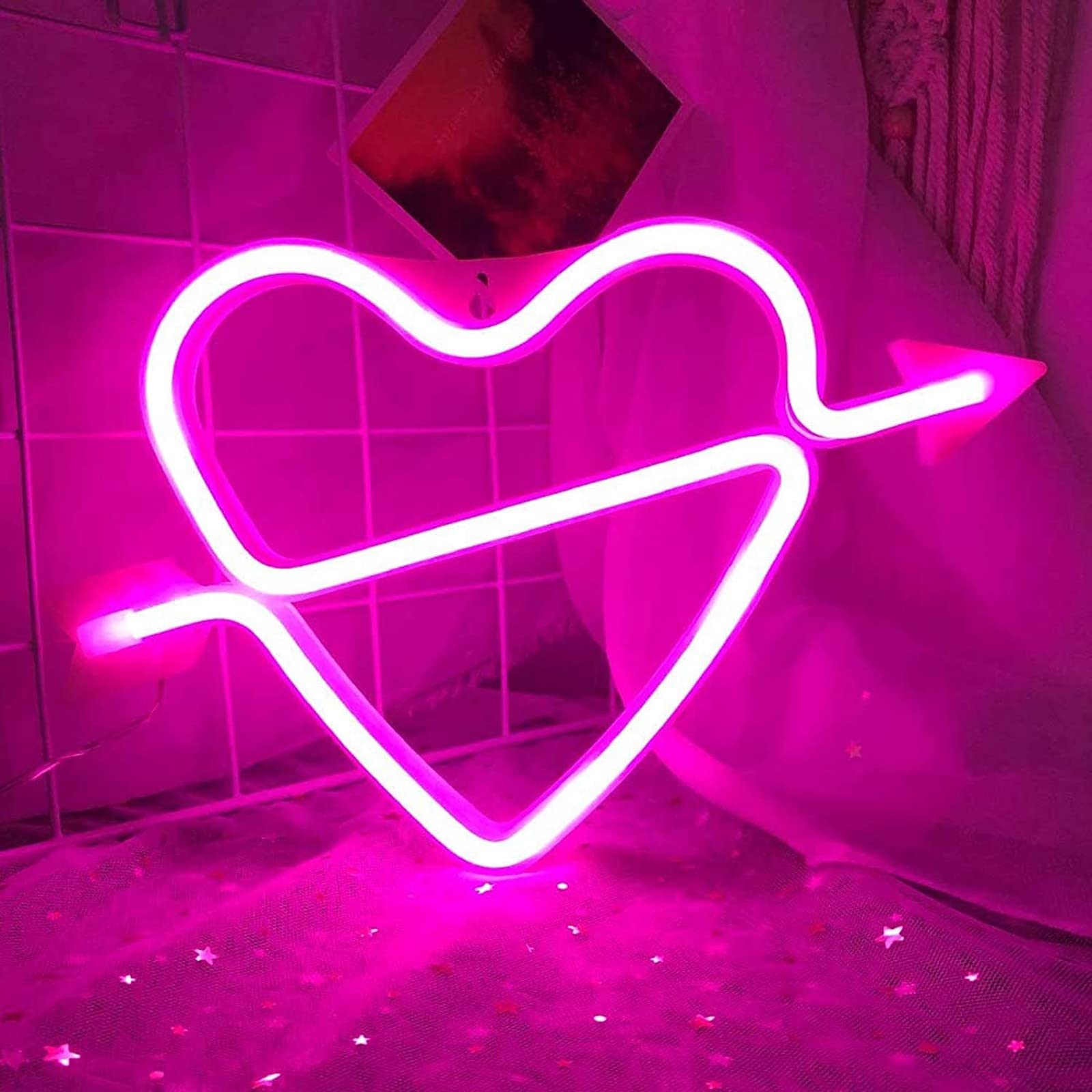 GONEBIN Silicone LED Neon Heart Light - Heart Shaped Night Light with Holder Base, Romantic Bedroom Decor, Wall or Table Neon Sign for Valentine's Day, Wedding, Party, Home & Bar Decoration