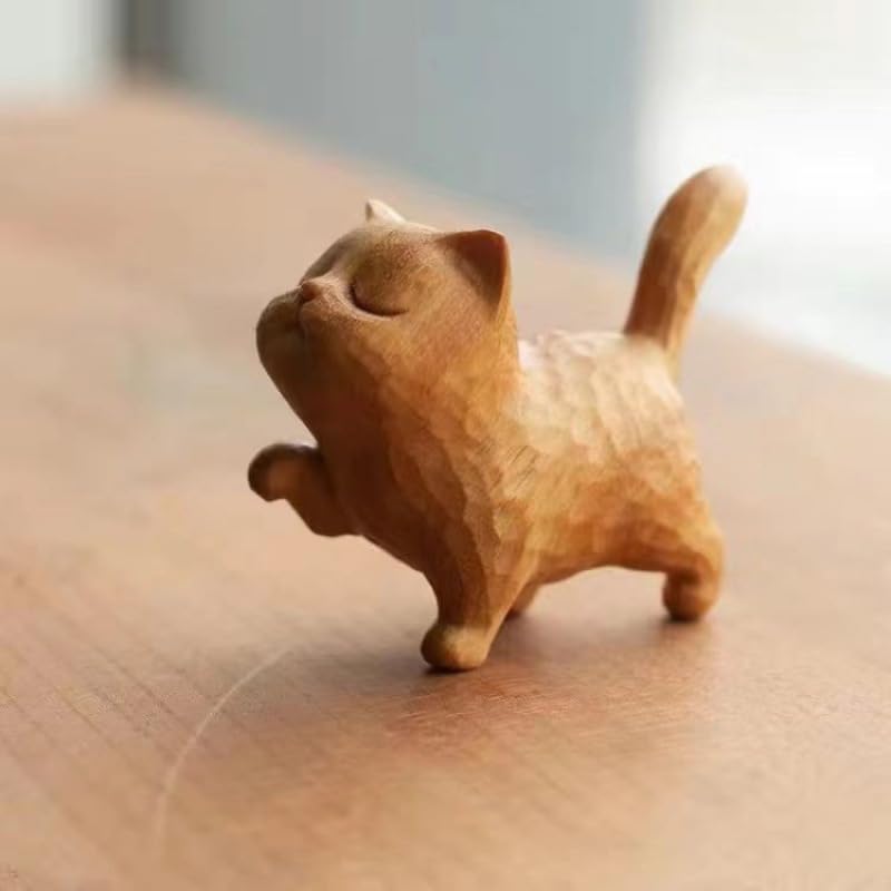 Handmade Wooden Cat Sculpture - Tiny Cute Carved Wood Cat Figurine, Unique Home & Office Decor, Perfect Gift for Cat Lovers (2PC) - Ideal for Bookshelf Display, Desk Decor, and Gift Giving Occasions