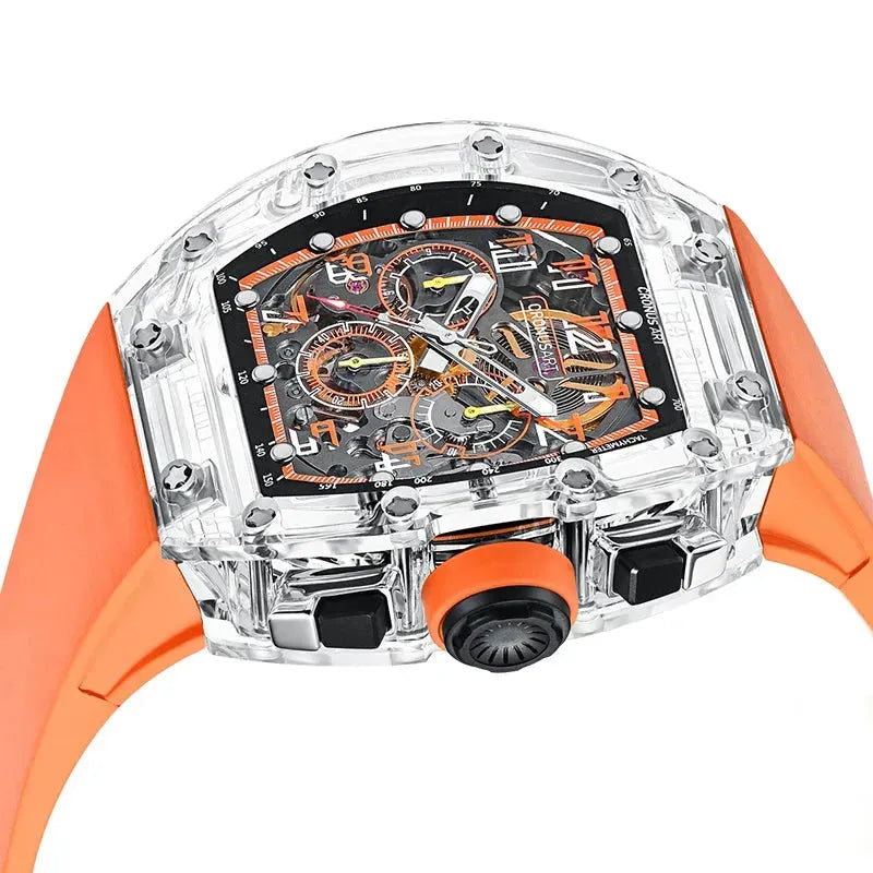 CRONUSART Men's Chronograph Watch 50mm x 42mm Tonneau Mechanical Wristwatch with Sapphire Crystal Case, Luminous Fluororubber Strap & Skeleton Dial - Perfect for Business, Casual Wear & Outdoor Activities