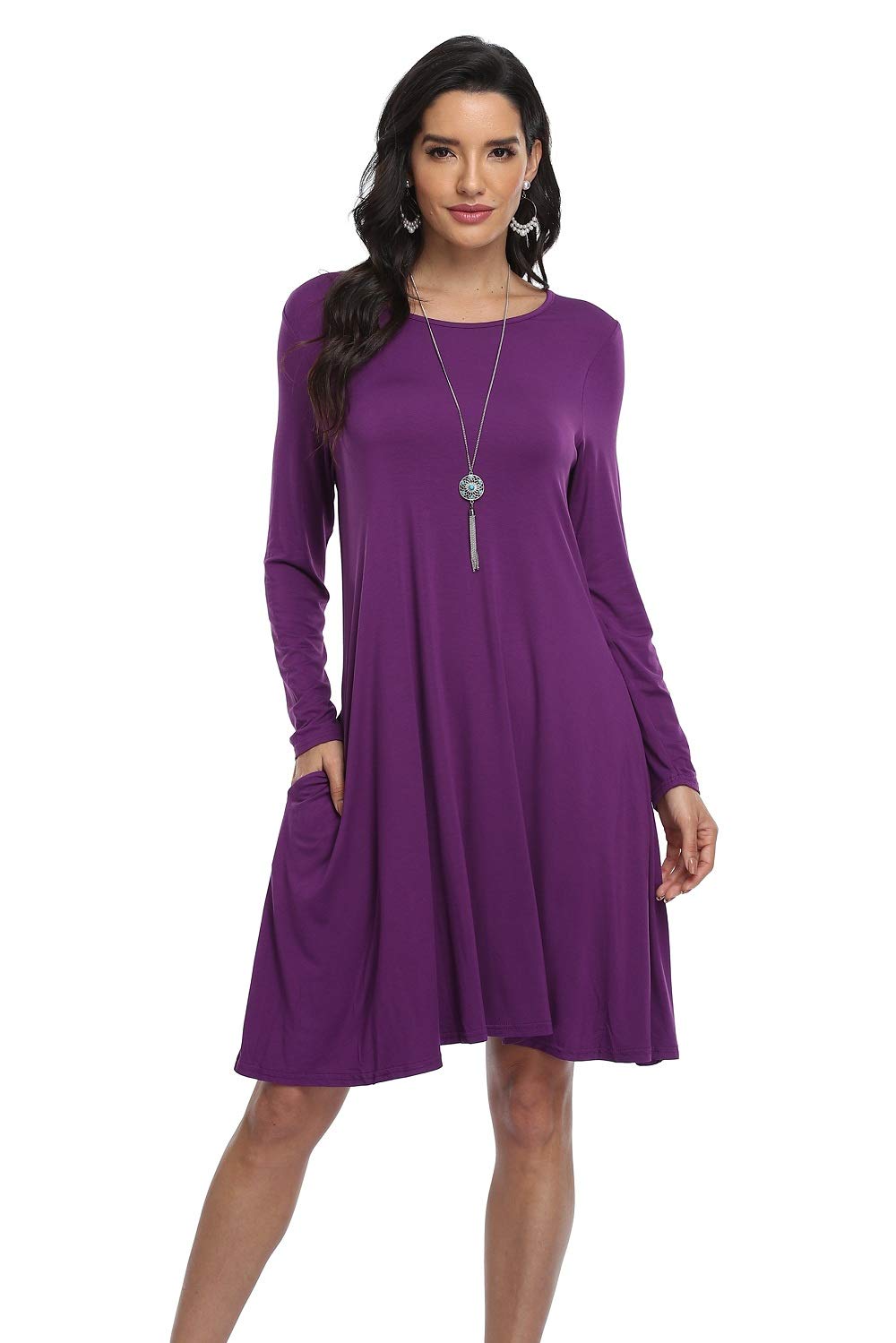 Vintage Women's Casual Long Sleeve T-Shirt Dress - Loose Swing Dress with Pockets | Comfortable & Stylish for Everyday Wear, Date Nights & Travel