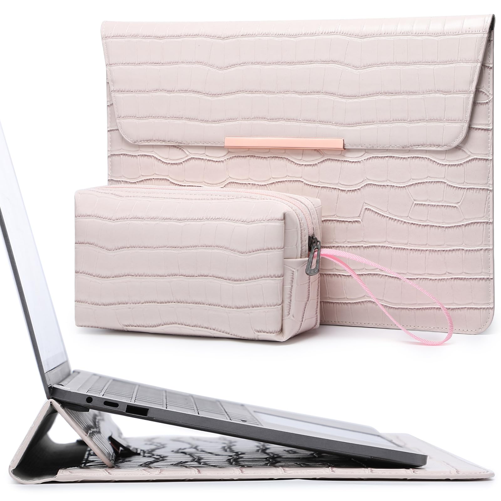 HYZUO 15-16 Inch Laptop Sleeve with Built-in Stand for MacBook Pro 16 M3/M2/M1 Pro/Max (2024-2019), Dell XPS 15 - Protective Case with Storage Pouch & Crocodile Pattern (Apricot Color) - Perfect for Work, Travel, and School Use