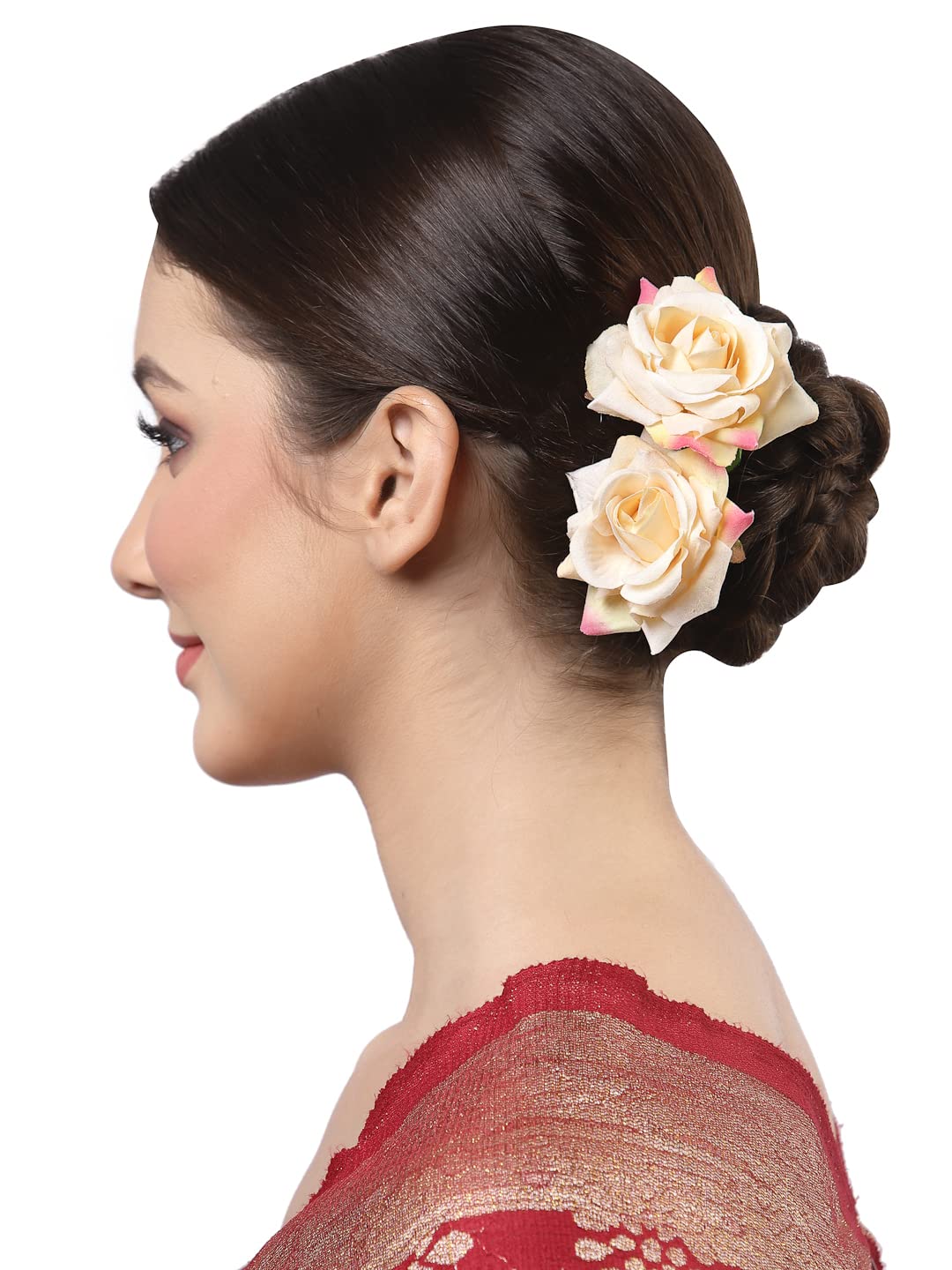 Vogue Rose Flower Bun Maker Hair Pins - 4pcs Maroon & Off-White for Bridal & Party Hairstyles