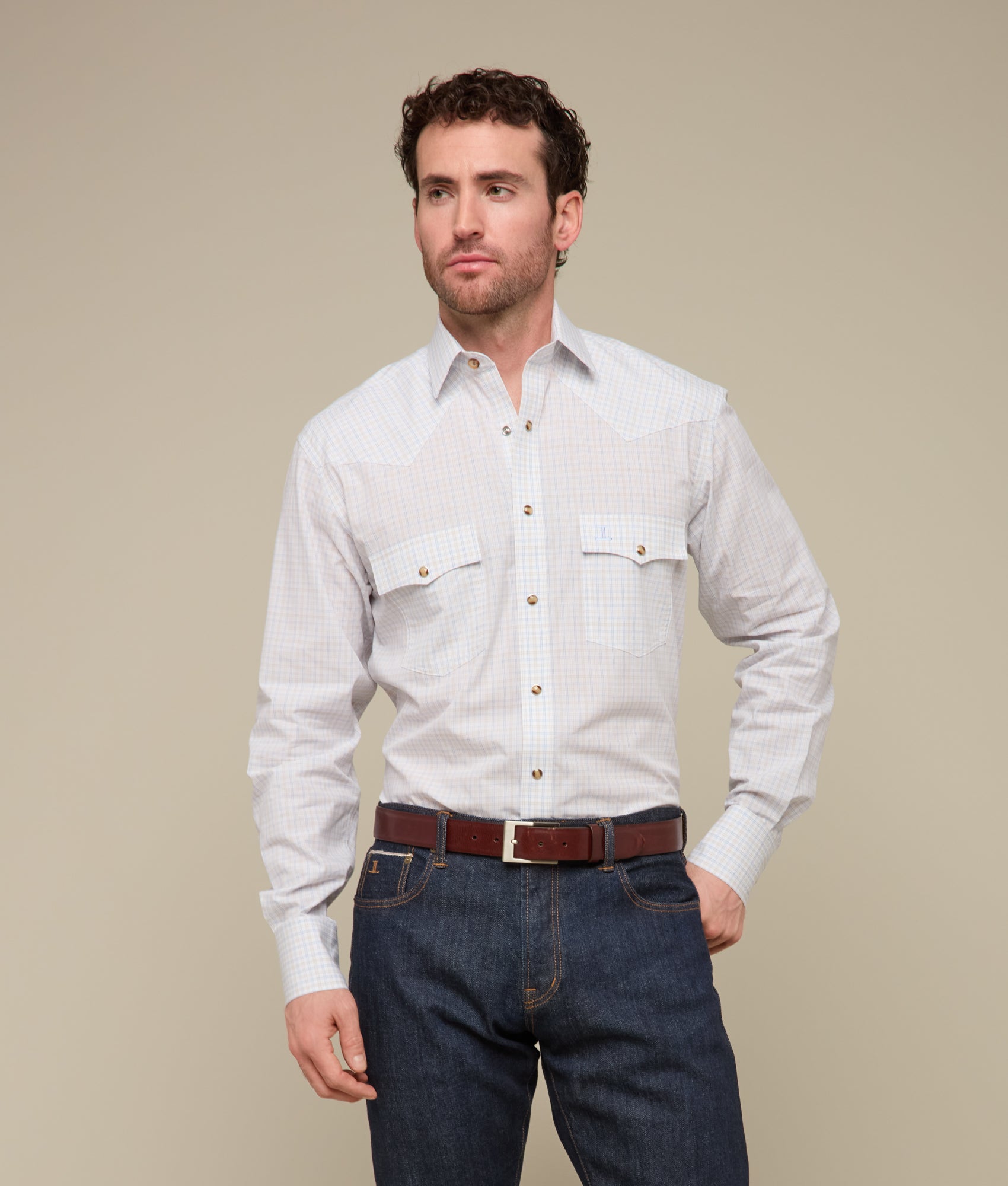 El Paso Plaid Shirt - Blue and Tan Mini Check Pattern Casual Button-Up for Men | Perfect for Office, Outdoors & Everyday Wear