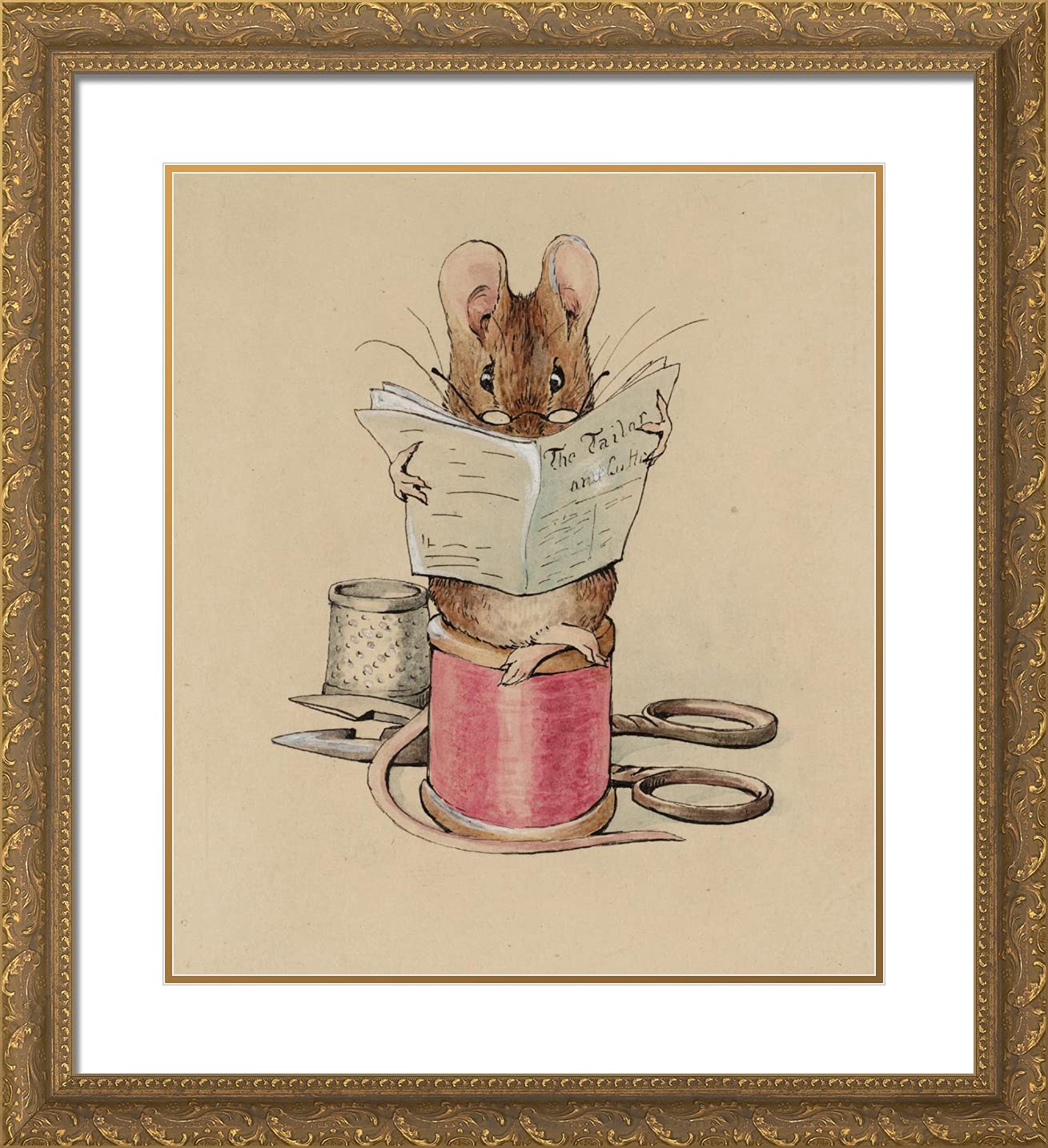 Beatrix Potter 'The Tailor Mouse' 20x22 Gold Ornate Framed Art Print with Double Matting - Vintage Nursery Decor, Kids Room Wall Art, Classic Children's Literature Gift