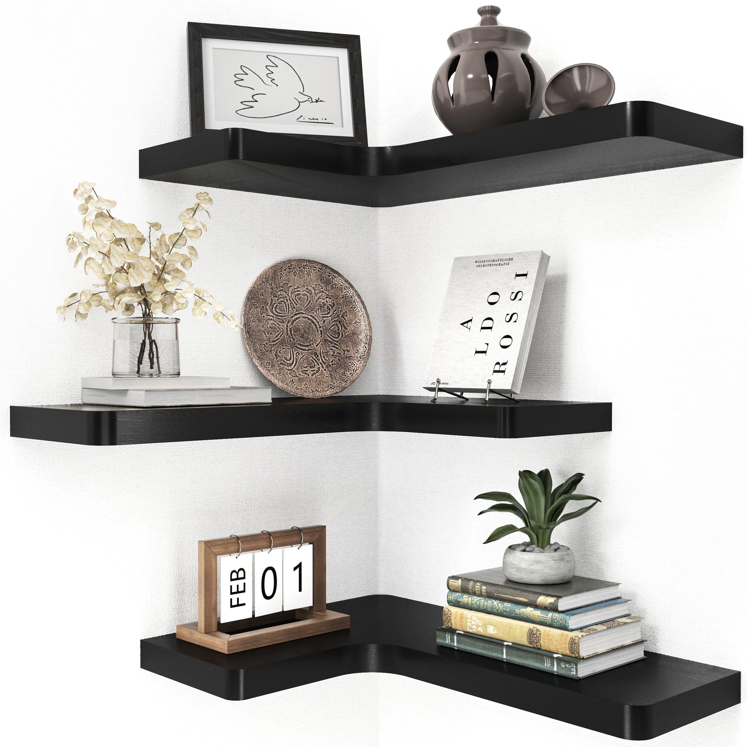 Fuqing Corner Floating Shelves Set of 3 - Solid Wood Wall Mounted Display Shelves for Bathroom, Bedroom, Kitchen & Garage - Black - Perfect for Organizing Toiletries, Decor, Spices & Tools