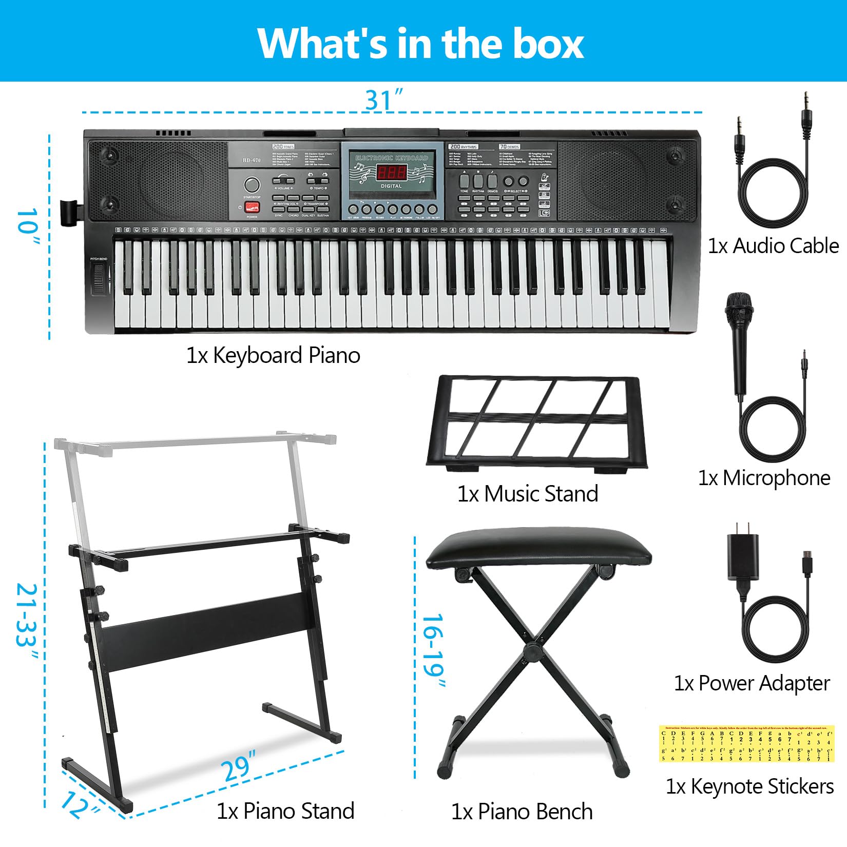 61 Key Electronic Keyboard Piano for Beginners - Portable Digital Piano with Stand & Bench, Lighted Keys, 200 Tones/Rhythms, 70 Demo Songs - Perfect for Home Learning, Music Practice & Gift (Metronome, Sustain, Pitch Bend, Dual Key Functions)