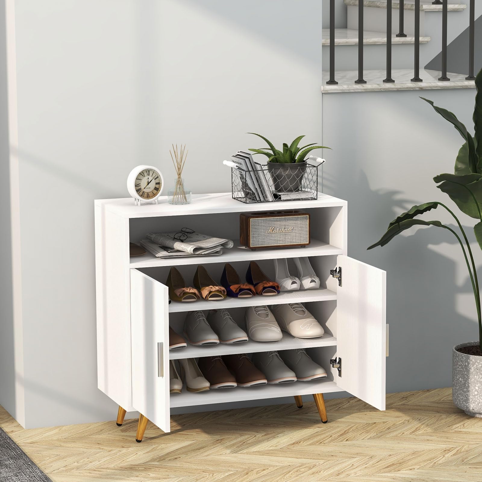 Bonzy Home White Shoe Storage Cabinet with Sensor Light - Entryway Hallway Organizer with Doors & Shelves for Living Room, Bedroom, or Closet - Space Saving Furniture for Small Apartments