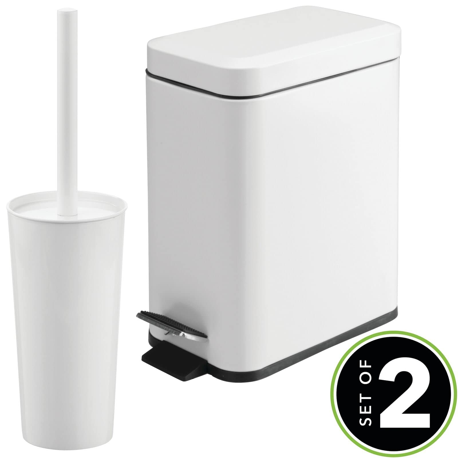 mDesign Slim Toilet Brush and Holder with Step Pedal Trash Can Set - Compact Bathroom Cleaning Tools - White Metal Freestanding Toilet Bowl Brush & 5L Narrow Wastebasket - Perfect for Small Bathrooms, Powder Rooms & RVs