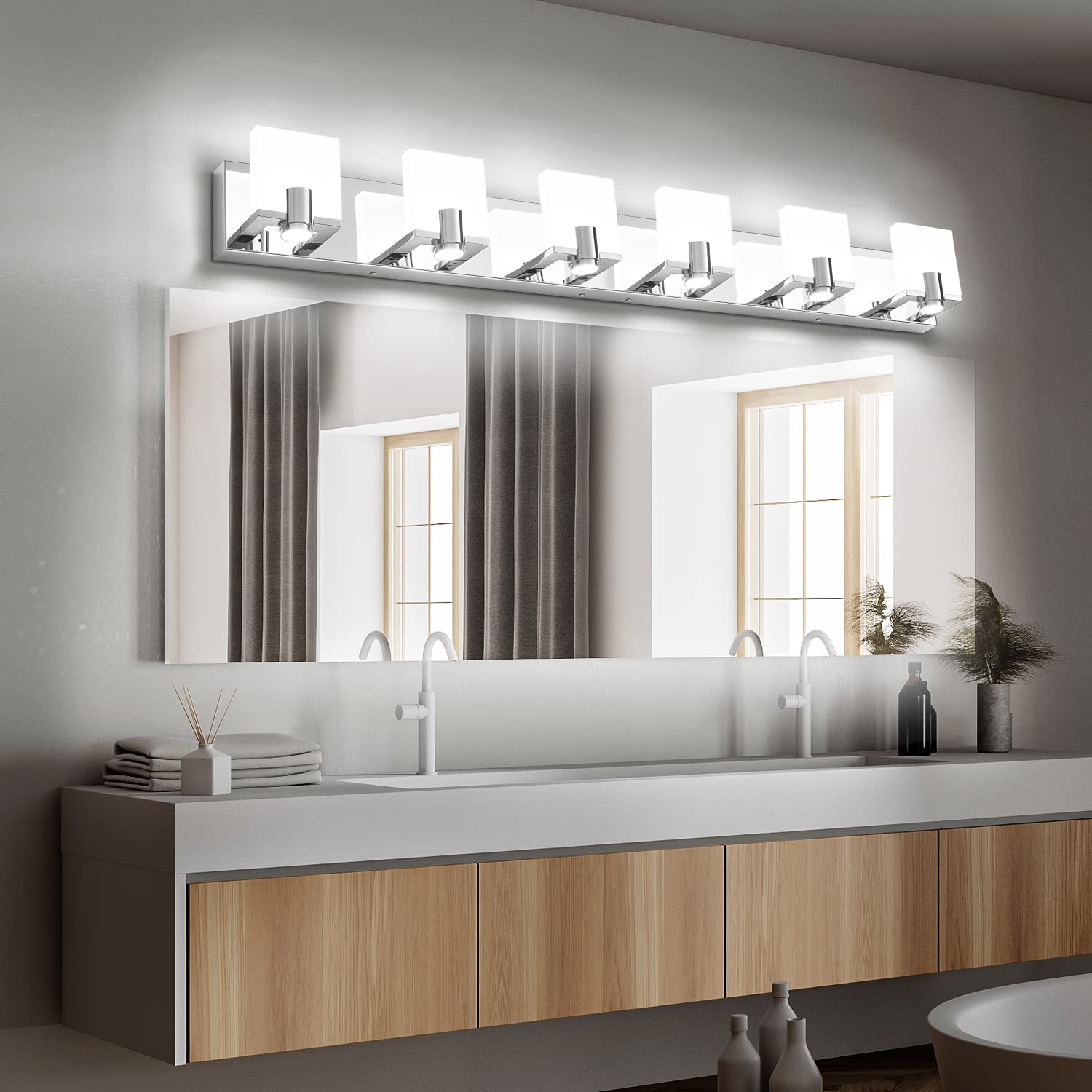 SOLFART 42.1 Inch Dimmable LED Vanity Light - 6-Light Modern Bathroom Mirror Fixture in Gloss Chrome | Perfect for Bathroom Makeup Lighting, Dressing Room Illumination & Modern Home Decor