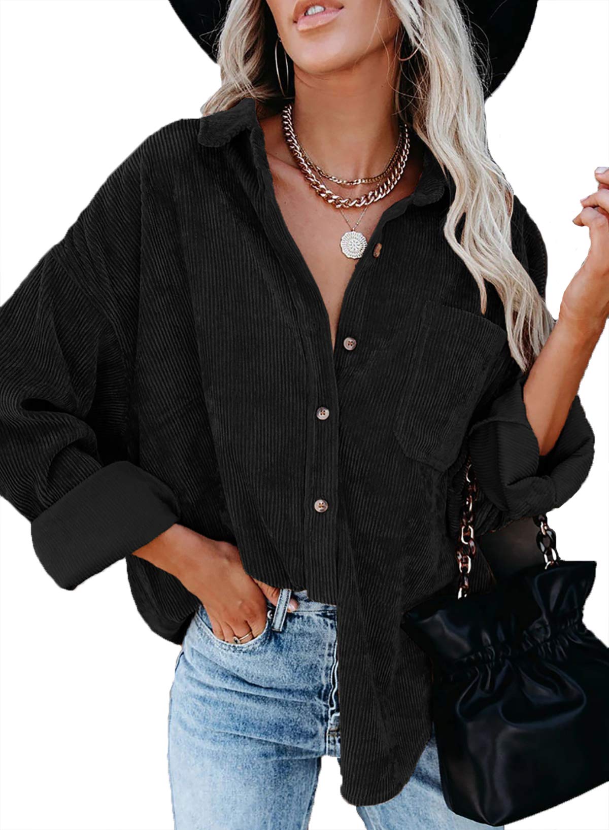 Sidefeel Women's Corduroy Long Sleeve Button Down Shirt - Oversized Casual Jacket Top for Fall & Winter | Perfect for Work, Date Night and Layering