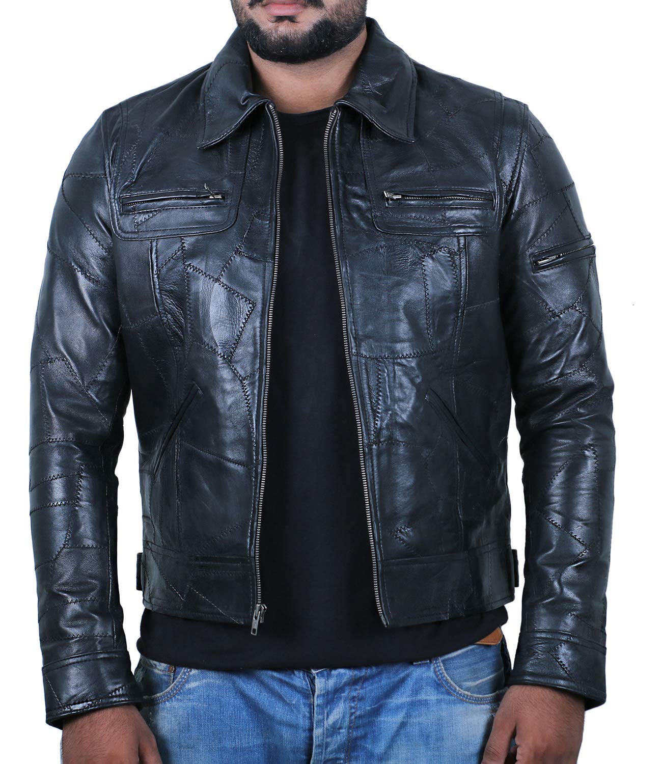 Laverapelle Men's Genuine Lambskin Leather Jacket with Patchwork Design - Black Racer Style for Motorcycle Riding & Casual Outfits
