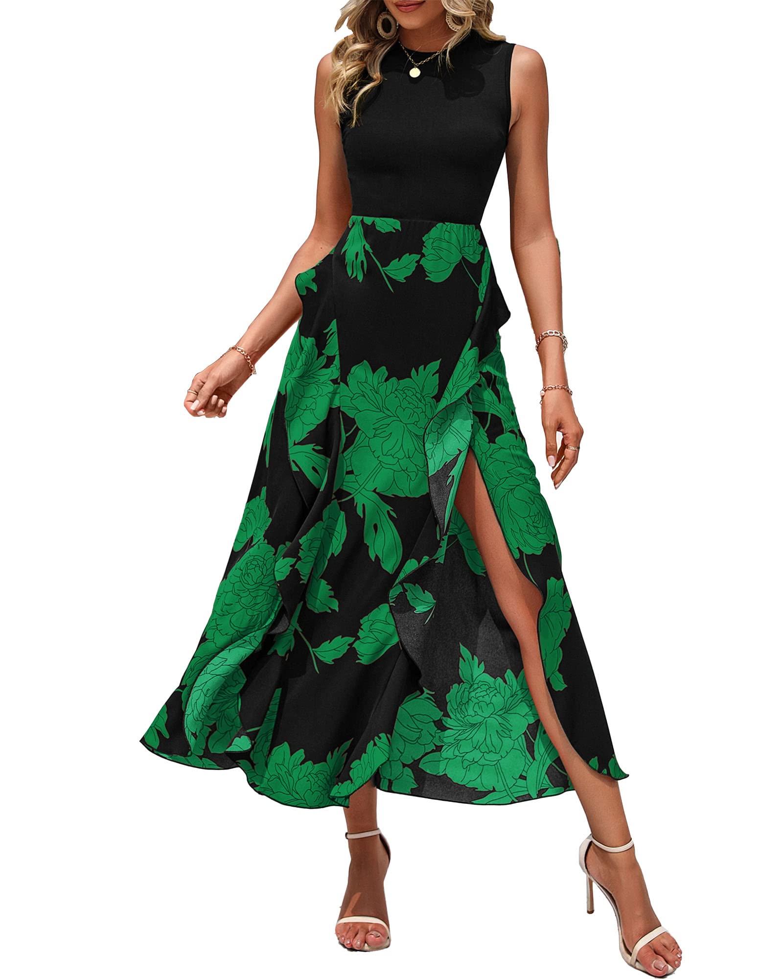 BTFBM Women's Casual Sleeveless Summer Dress 2025 - Floral Boho Patchwork Midi Dress with Ruffles for Spring Cocktail Parties, Beach Vacations & Summer Outings