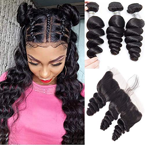 Brazilian Loose Wave Human Hair Bundles with 13x4 Lace Frontal - 12 12 12+12 Inch Virgin Hair Extensions for Women | Pre-Plucked Hairline & Baby Hair | Perfect for Daily Wear, Parties & Special Occasions