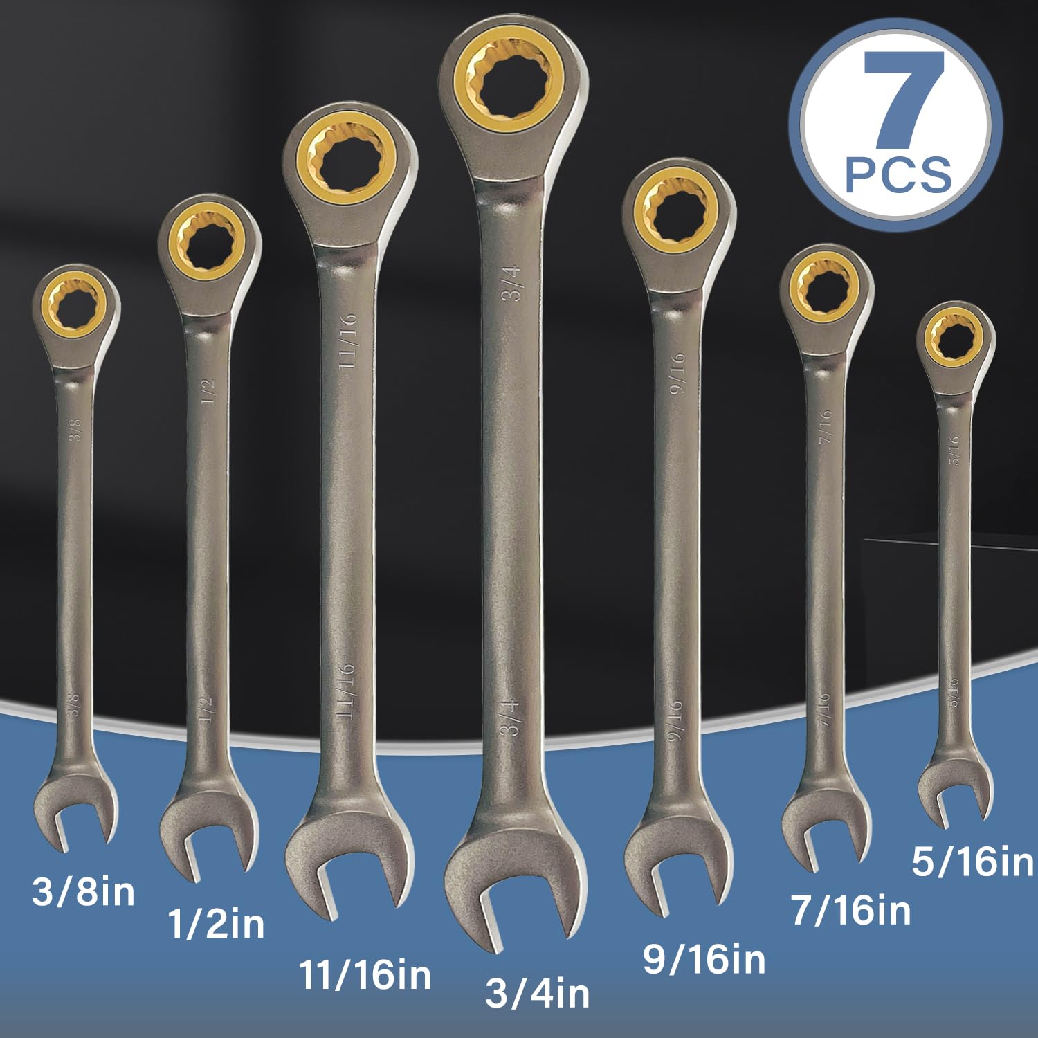 7Pcs Ratcheting Combination Wrench Set - SAE 5/16