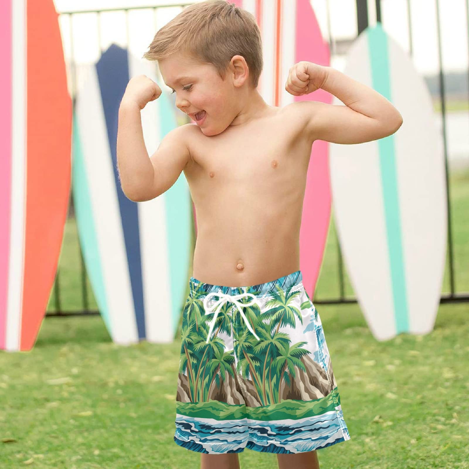 **Visesunny Boys Swim Trunks - Coconut Tree Island Blue Sea Swimwear for Toddlers & Kids | Quick-Dry, Comfortable Baby Boy Bathing Suits for Beach, Pool & Summer Fun**
