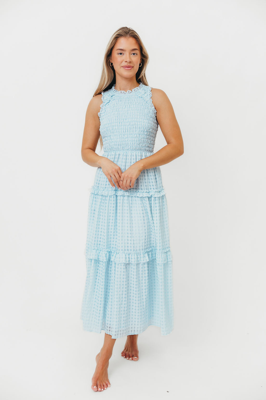Powder Blue Hyacinth Sleeveless Gingham Maxi Dress with Ruffle Details - Perfect for Summer Beach Vacations, Garden Parties & Boho Fashion Outfits