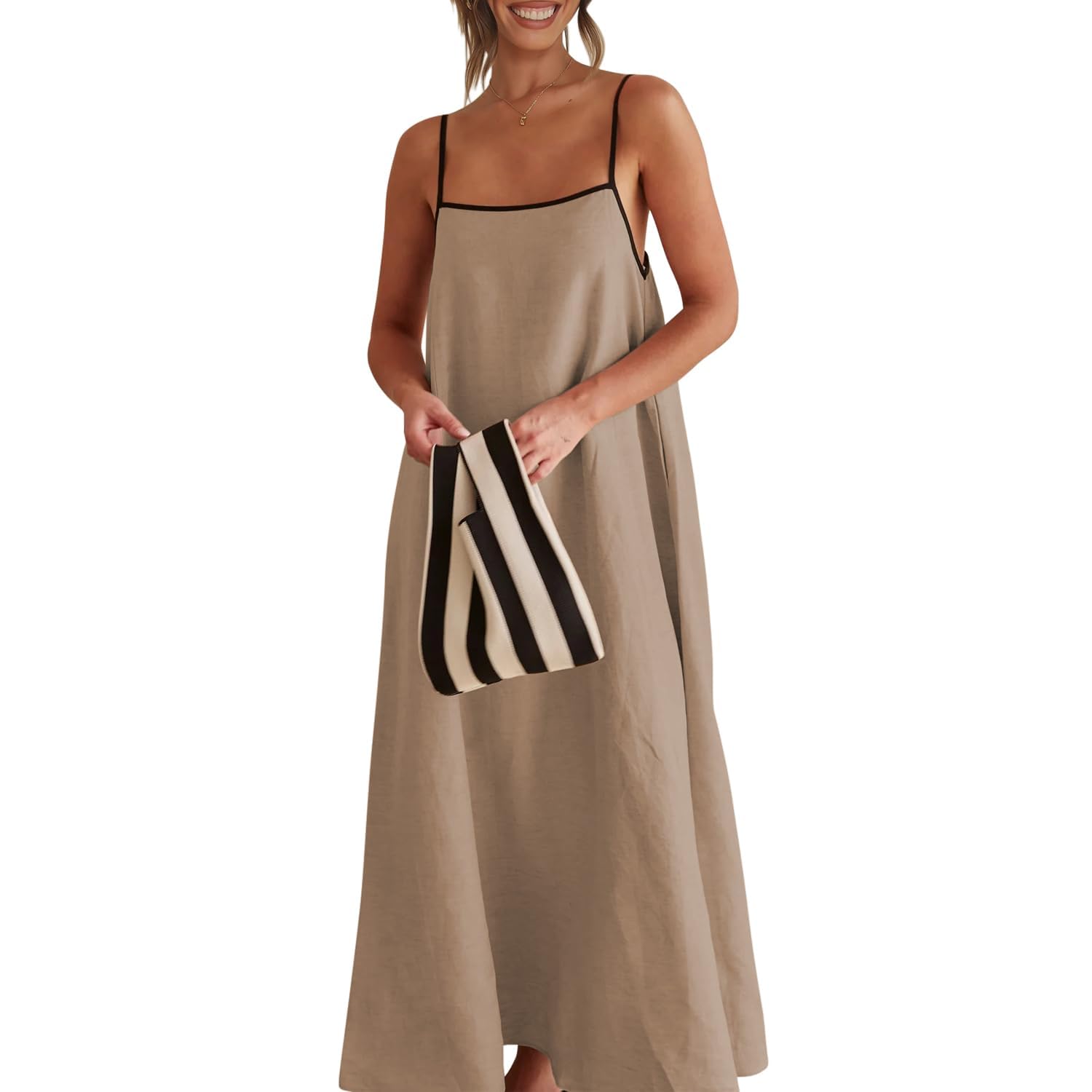 Senllen Women's Linen Summer Dress - Loose Flowy Sundress with Contrast Spaghetti Straps, Sleeveless Backless Beach Maxi Long Dress for Vacation, Pool Party & Casual Outings