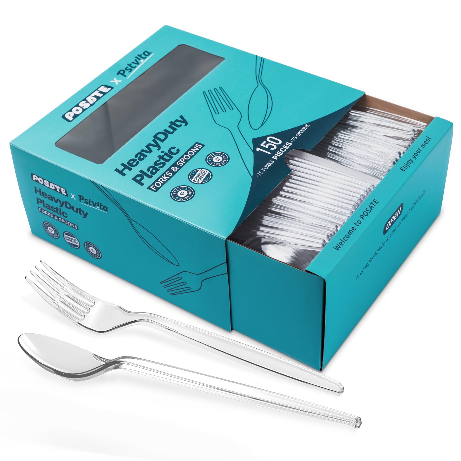 Premium 150-Piece Disposable Plastic Cutlery Set - 75 Clear Forks & 75 Spoons | Heavy Duty Silverware for Parties, Picnics, BBQs & Catering Events | BPA-Free Utensils for Home, Office & Outdoor Use