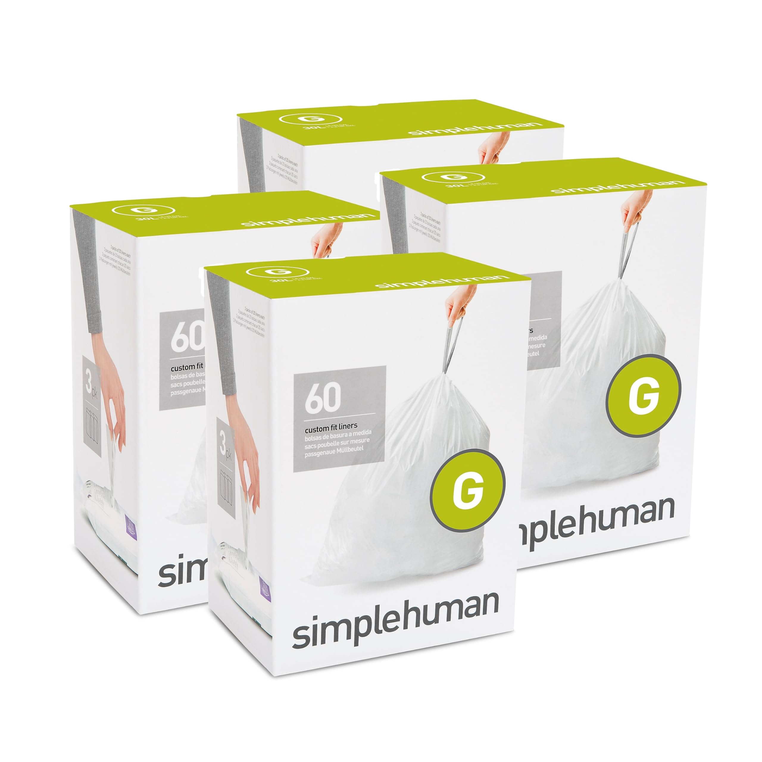 simplehuman Code G Custom Fit Drawstring Trash Bags - 30 Liter/8 Gallon, 240 Count (12 Refill Packs) | Perfect for Kitchen, Bathroom & Office Waste Bins