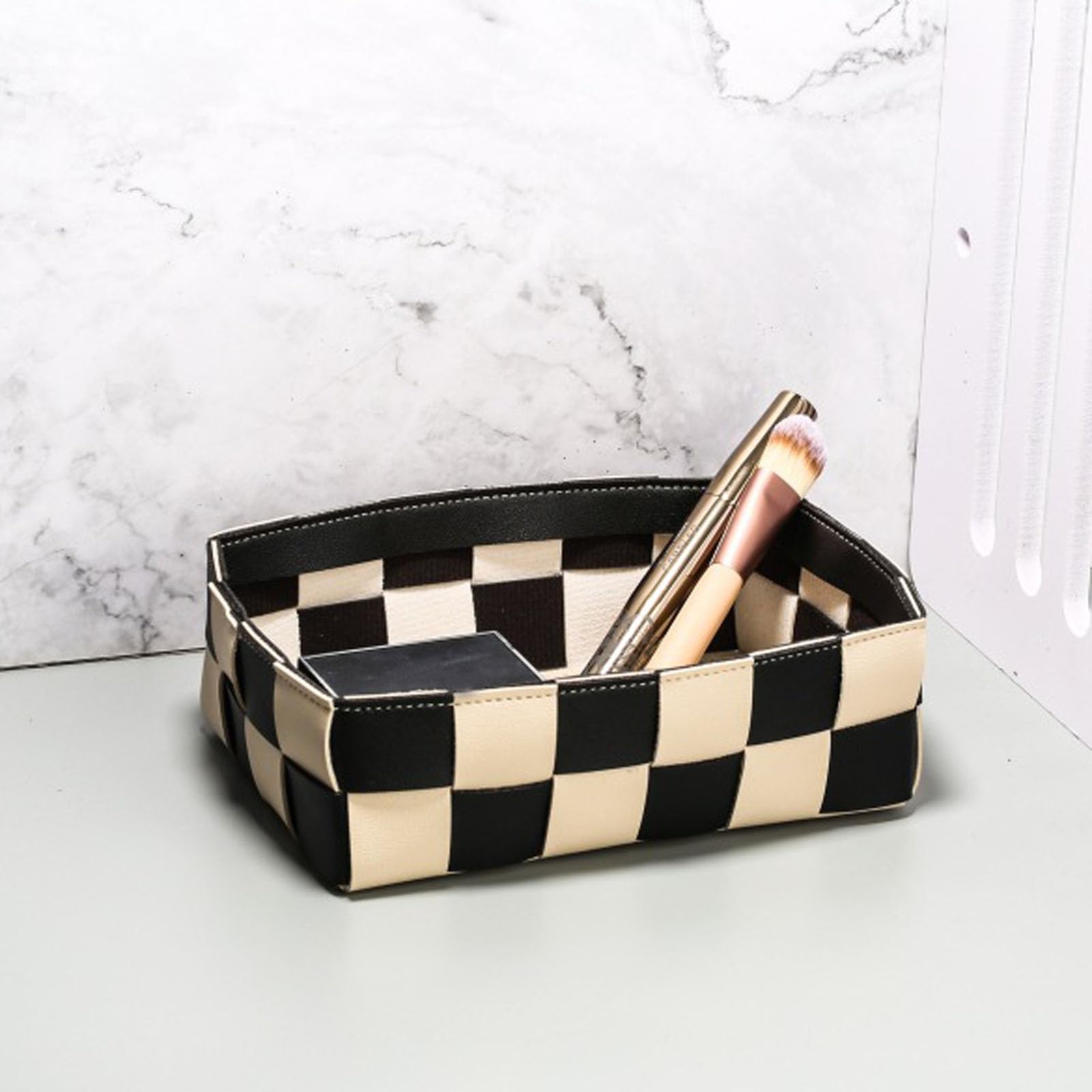 2-Pack Leather Desk Organizer Tray - Stylish Nightstand & Entryway Table Storage Basket for Makeup, Keys, Jewelry - Perfect for Home Office & Bedroom (Black + White)