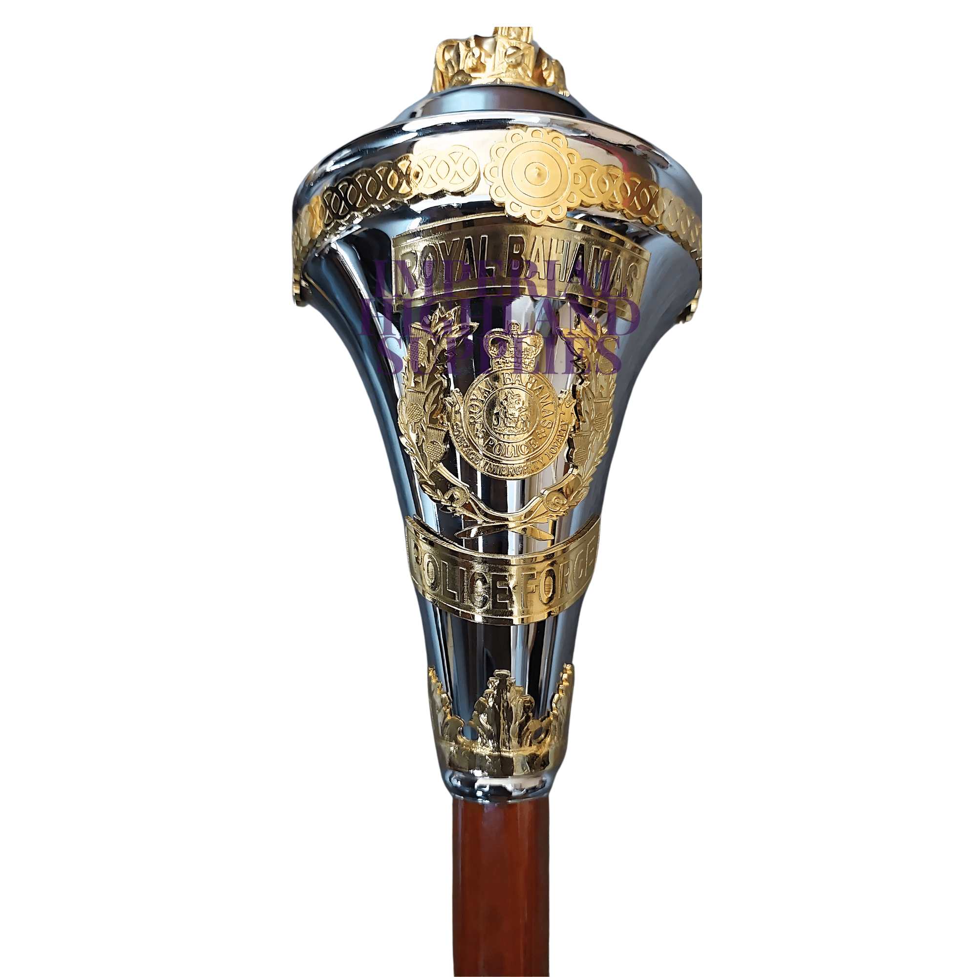Custom Made Drum Major Mace Stave with Scrolls & Crown Top - Royal Bahamas Police Force Replica - Perfect for Marching Bands, Ceremonial Events & Military Parades