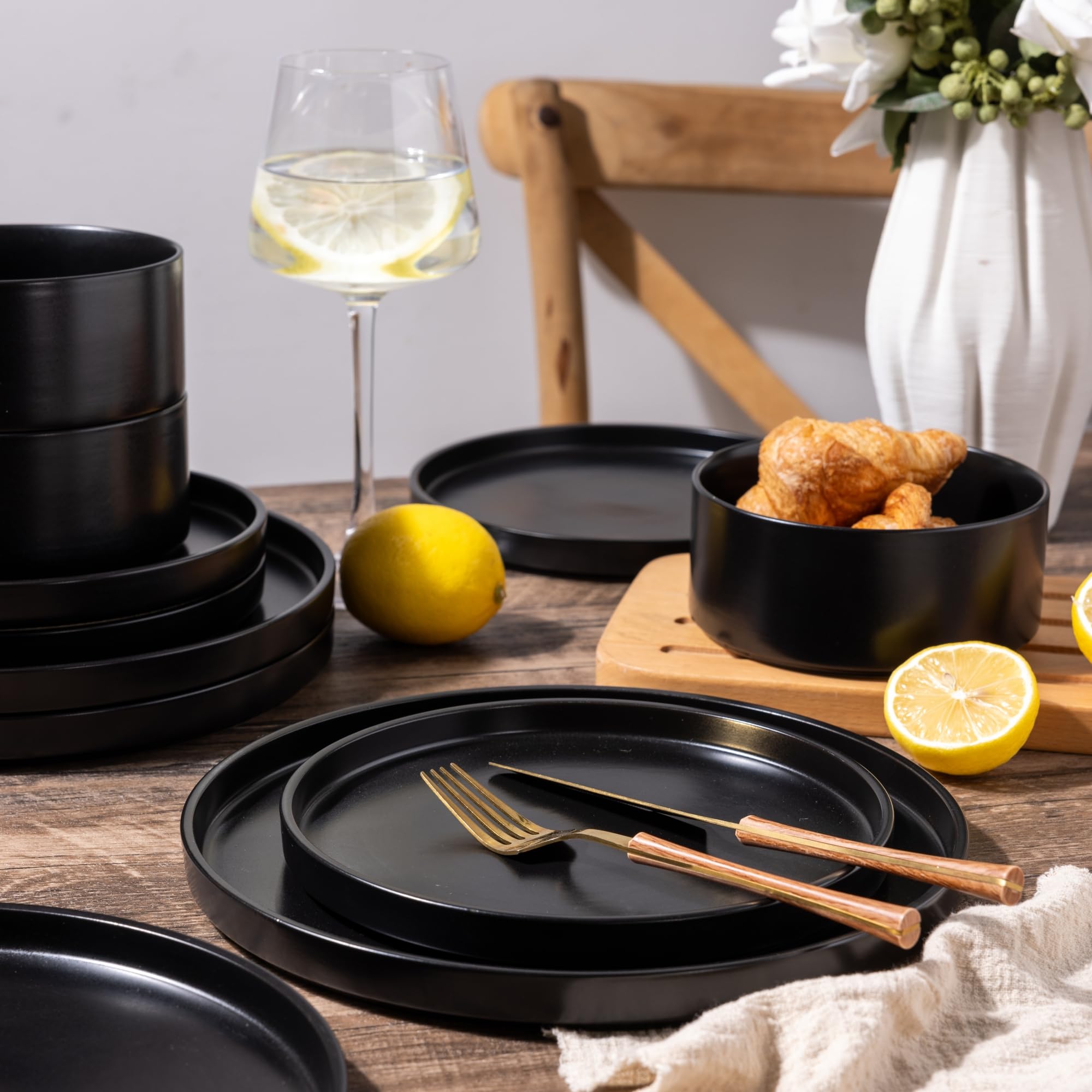 GBHOME 16-Piece Stoneware Dinnerware Set for 4 - Chip & Scratch Resistant Ceramic Plates & Bowls - Dishwasher, Microwave & Oven Safe - Reactive Glaze Black - Perfect for Family Dinners, Entertaining & Everyday Use