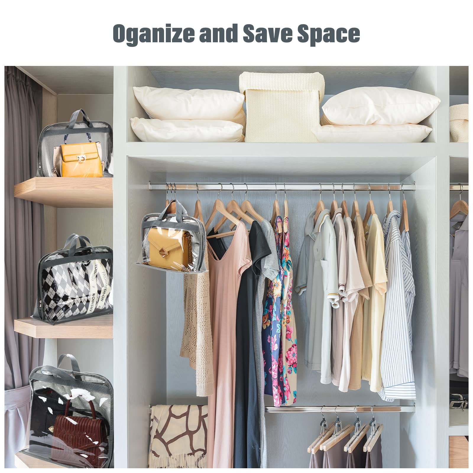 15 Pcs Clear Dustproof Handbag Storage Organizer with Zipper & Handles - 3 Sizes (5 Each) for Purse Closet Organization | Perfect for Travel, Home & Office Storage (Gray)