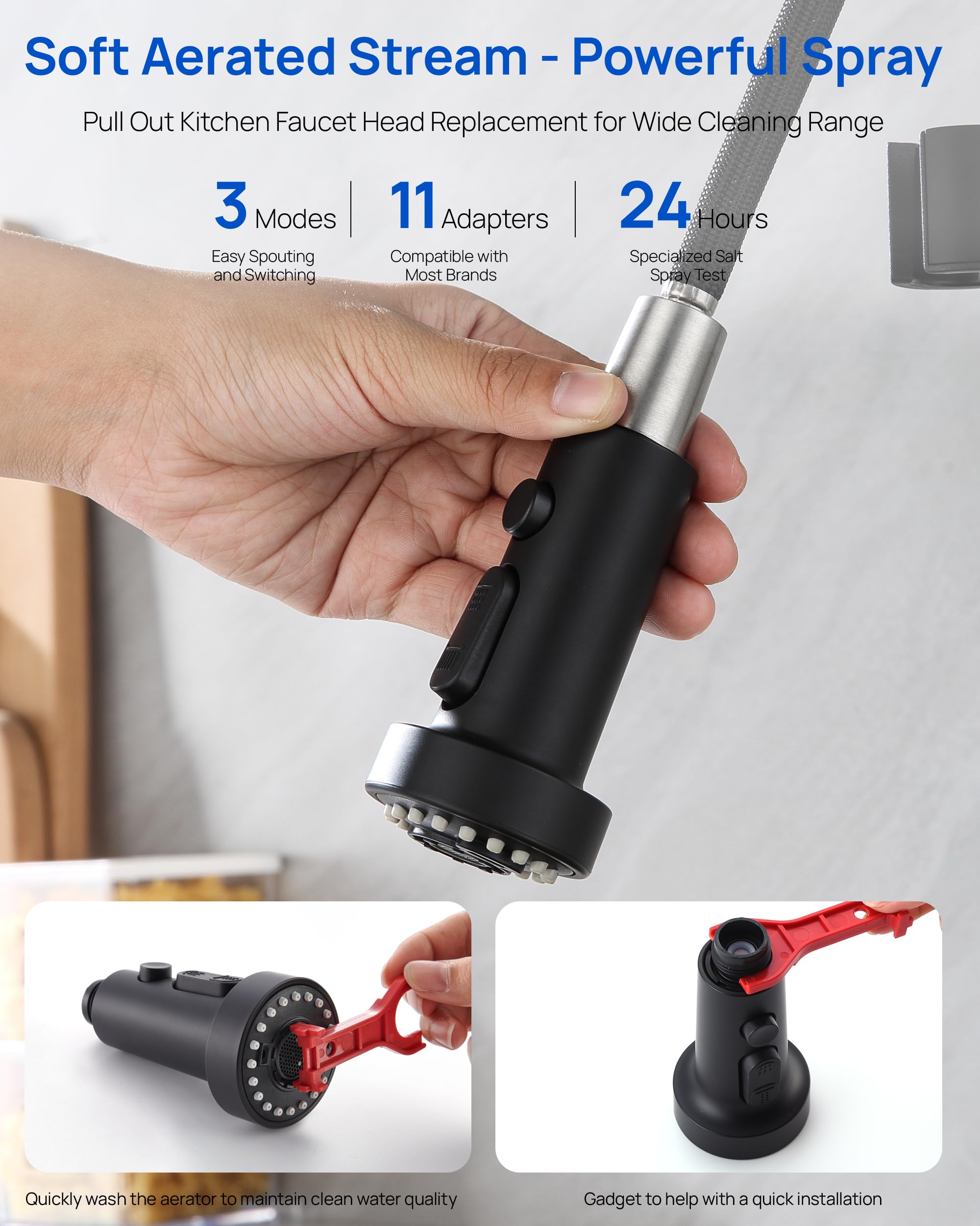 J-HVA Pull Down Kitchen Faucet Sprayer Head Replacement - 3 Function Spray Nozzle with 15 Adapters, Matte Black | Perfect for Pull Out Sink Sprayer Replacement, Dish Washing & Food Prep