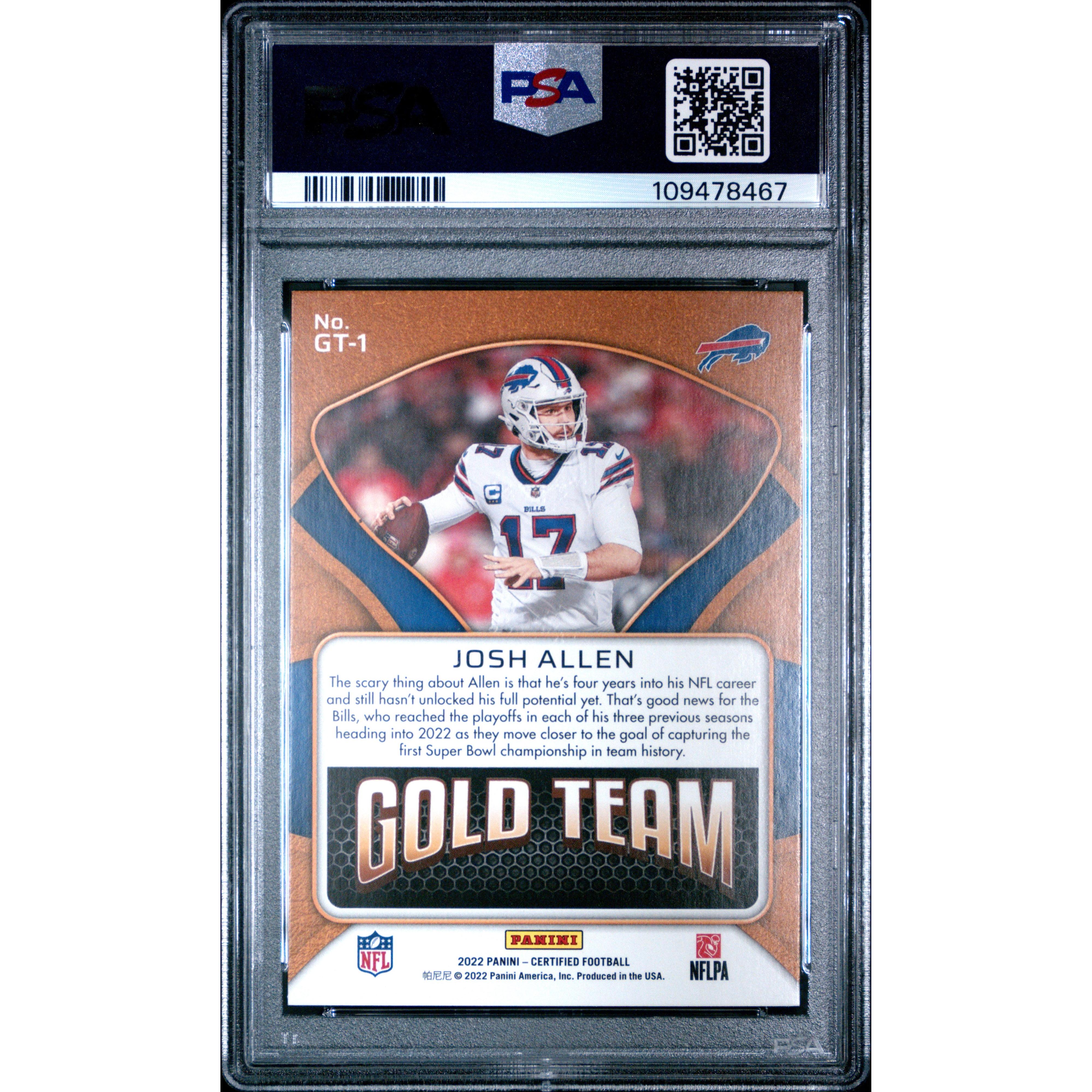 2022 Panini Certified Football Josh Allen Gold Team GT1 PSA 9 Graded Card - Rare Collectible for NFL Fans, Sports Memorabilia Enthusiasts & Investment Collectors - Perfect for Display, Trading Cards Collection & Football Memorabilia Gifts
