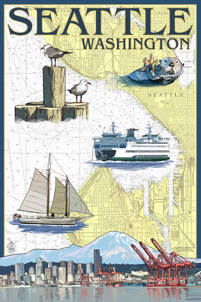 Lantern Press Seattle Washington Nautical Chart Wall Art - 16x24 Wrapped Canvas Print, Coastal Home Decor, Perfect for Living Room, Office or Beach House